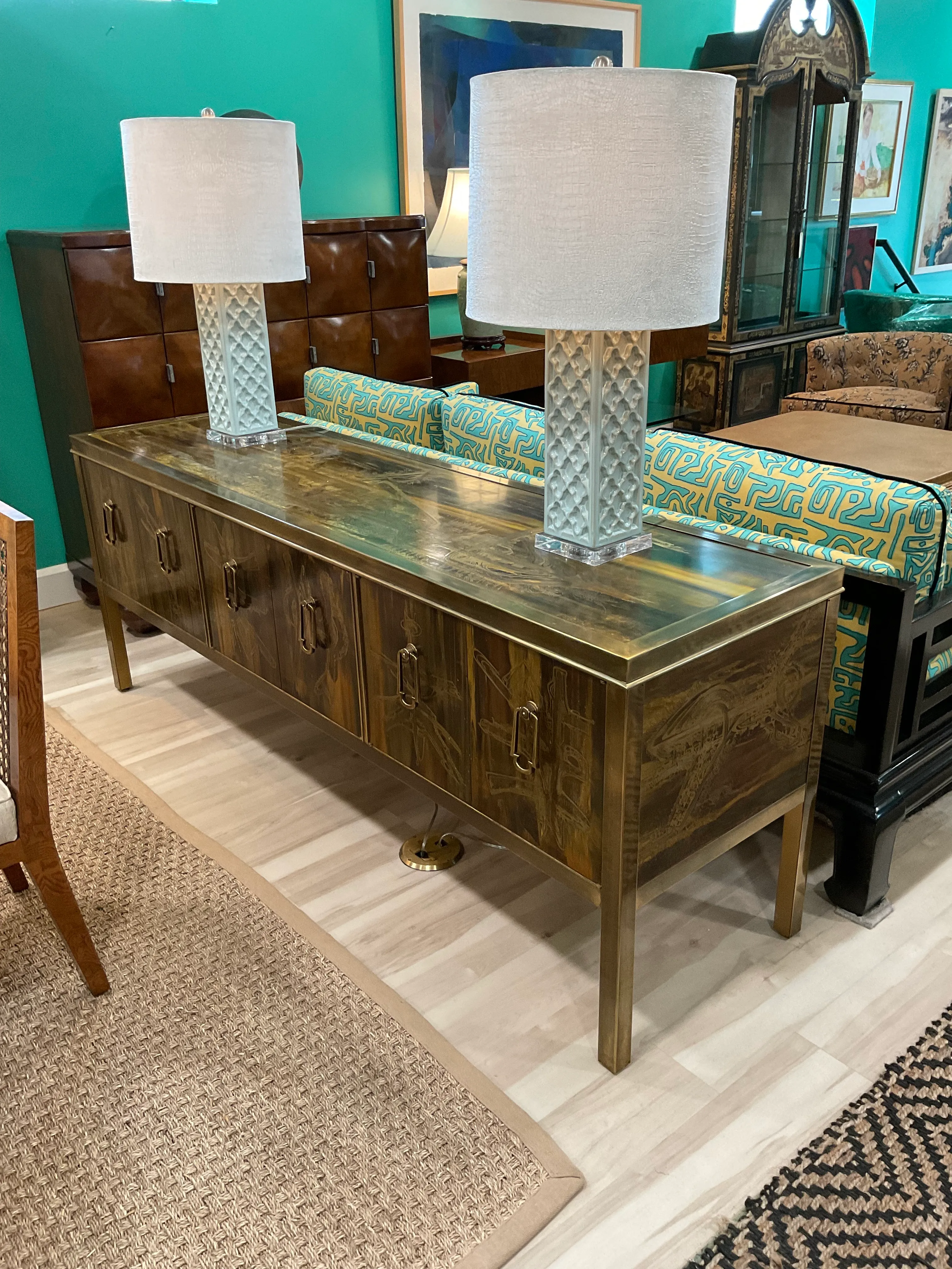 1970s Bernhard Rhône Acid Etched Brass Credenza for Mastercraft