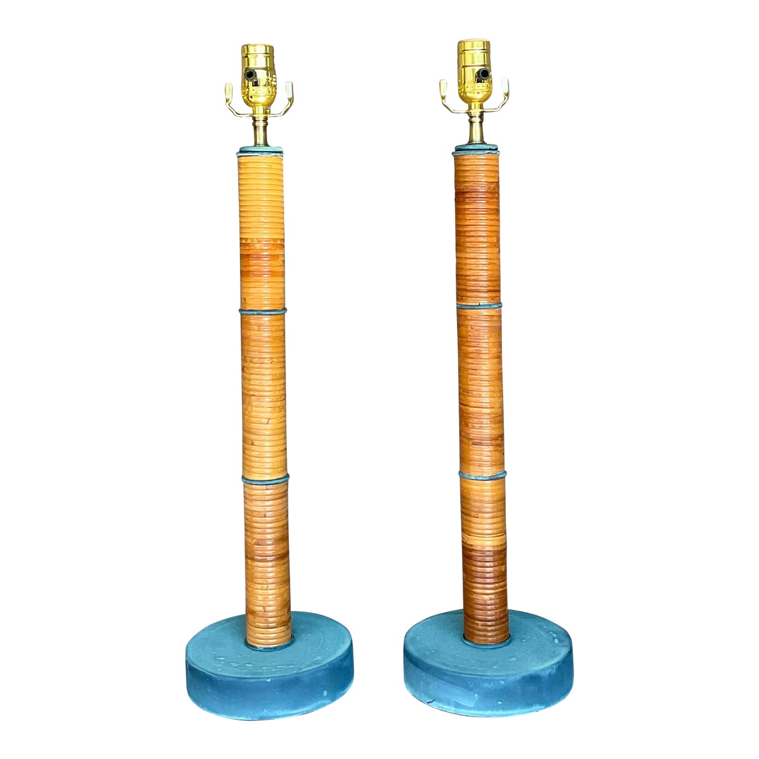 Vintage Coastal Wrapped Pencil Reed Column Lamps - a Pair