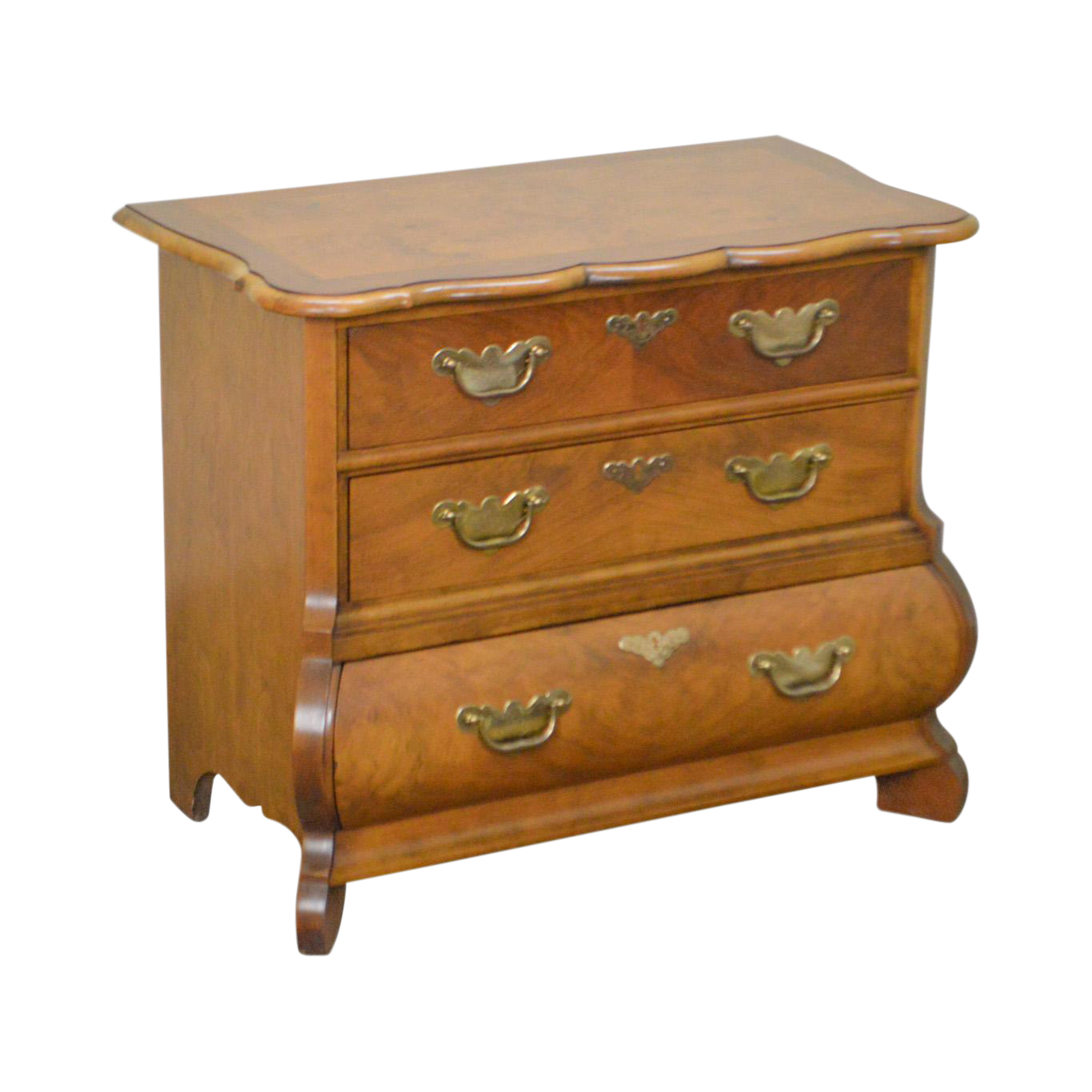 Baker Walnut Bombe Continental Style 3 Drawer Commode Chest