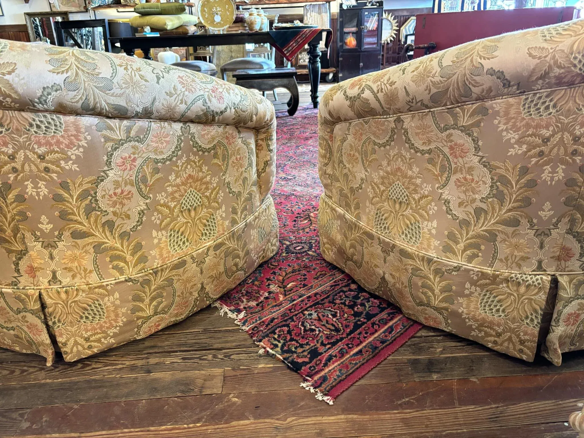 Pair Drexel Heritage Curved Back Sofas in Acorn Motif Upholstery