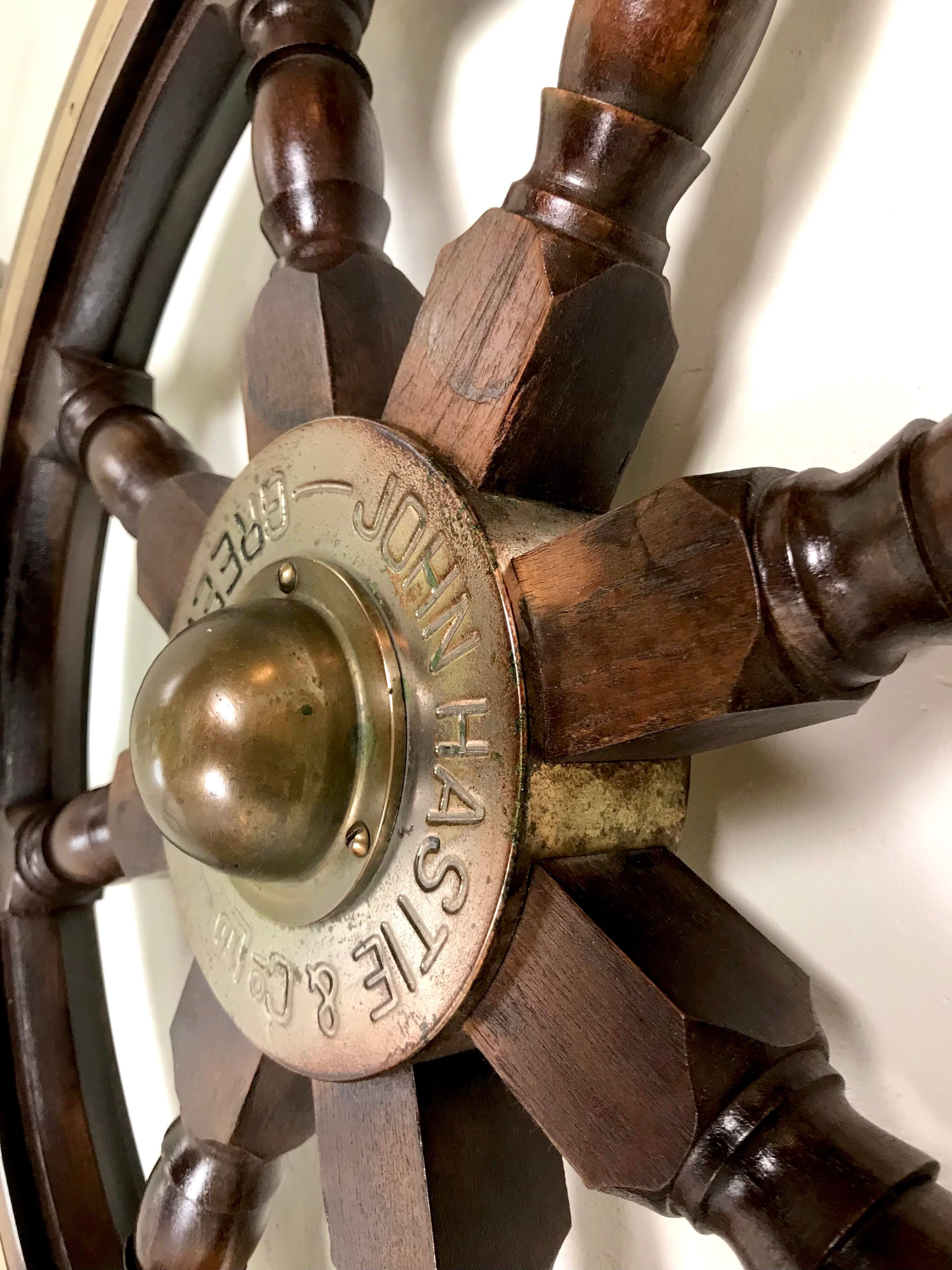 Antique Ship's Steering Wheel in Teak from John Hastie, 20th