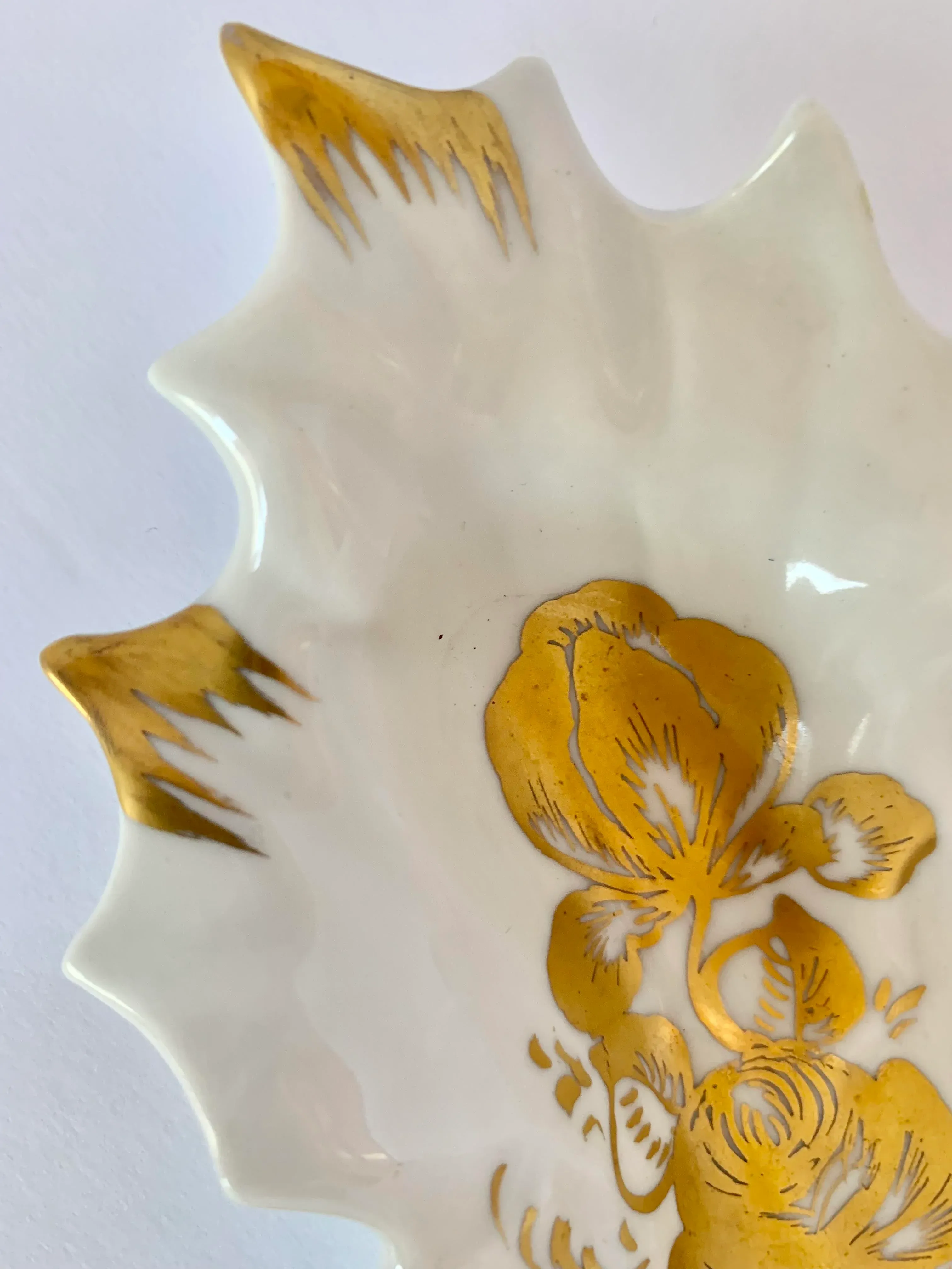 Vintage Couleuvre France Pate De Limoges Leaf Shaped Porcelain Dish, White With Delicate Gold Botanical Hand Painted Decorations