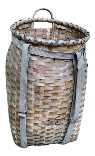 Tall Vintage Creel or Fisherman's Woven Wicker Basket With Canvas