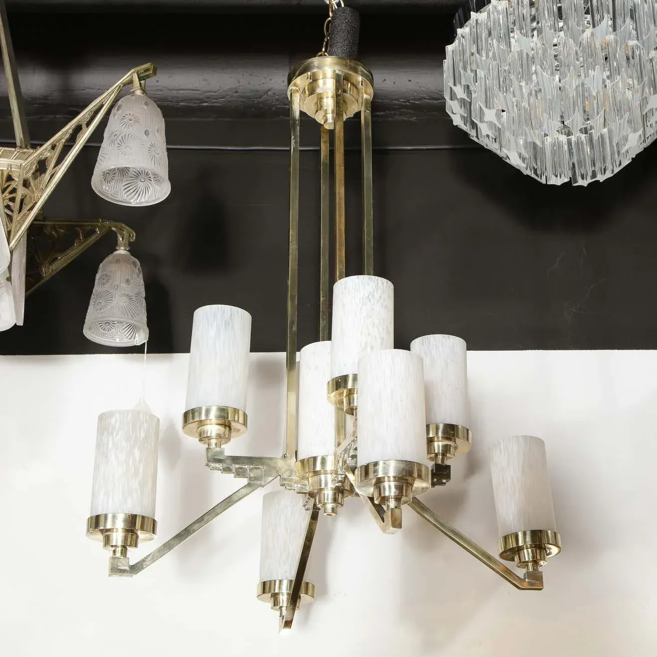 Art Deco Cubist Skyscraper Style Silvered Bronze & Mottled Glass Chandelier