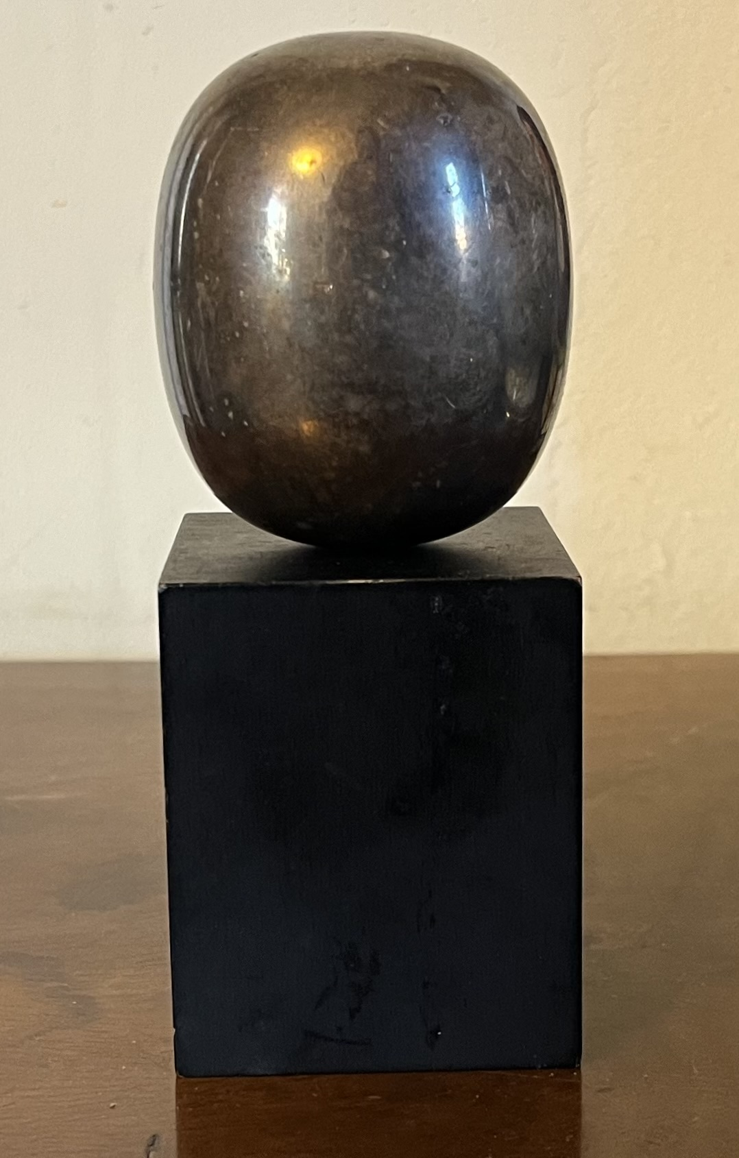 Modernist Silvered Bronze Super Egg Sculpture on Ebonized Wood