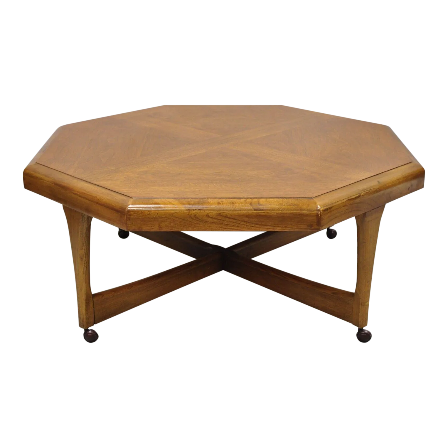 Lane Mid Century Modern Walnut Octagonal Stretcher Base Coffee Table