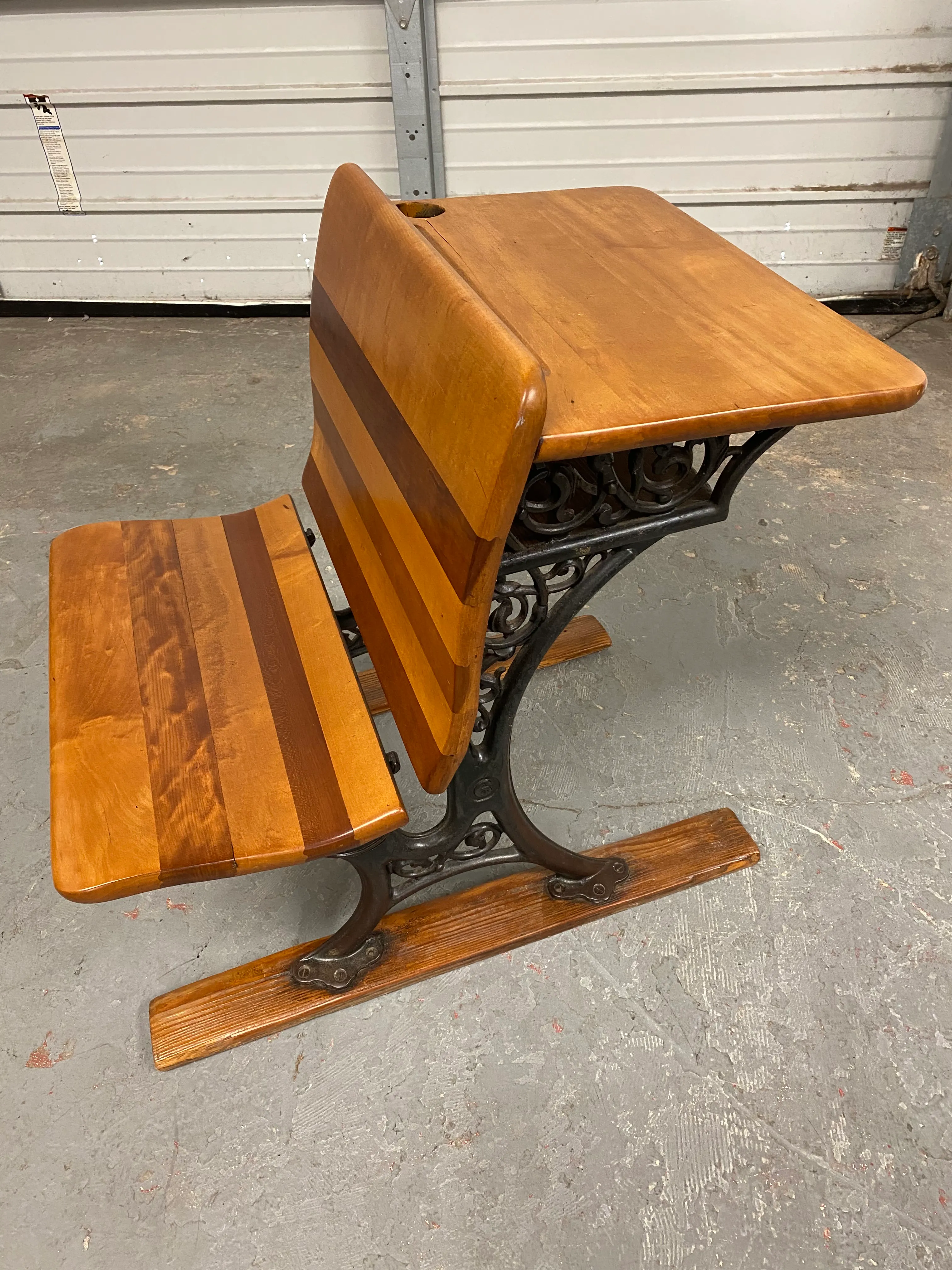 Cast Iron Antique School Desk (Refinished) With Folding Seat