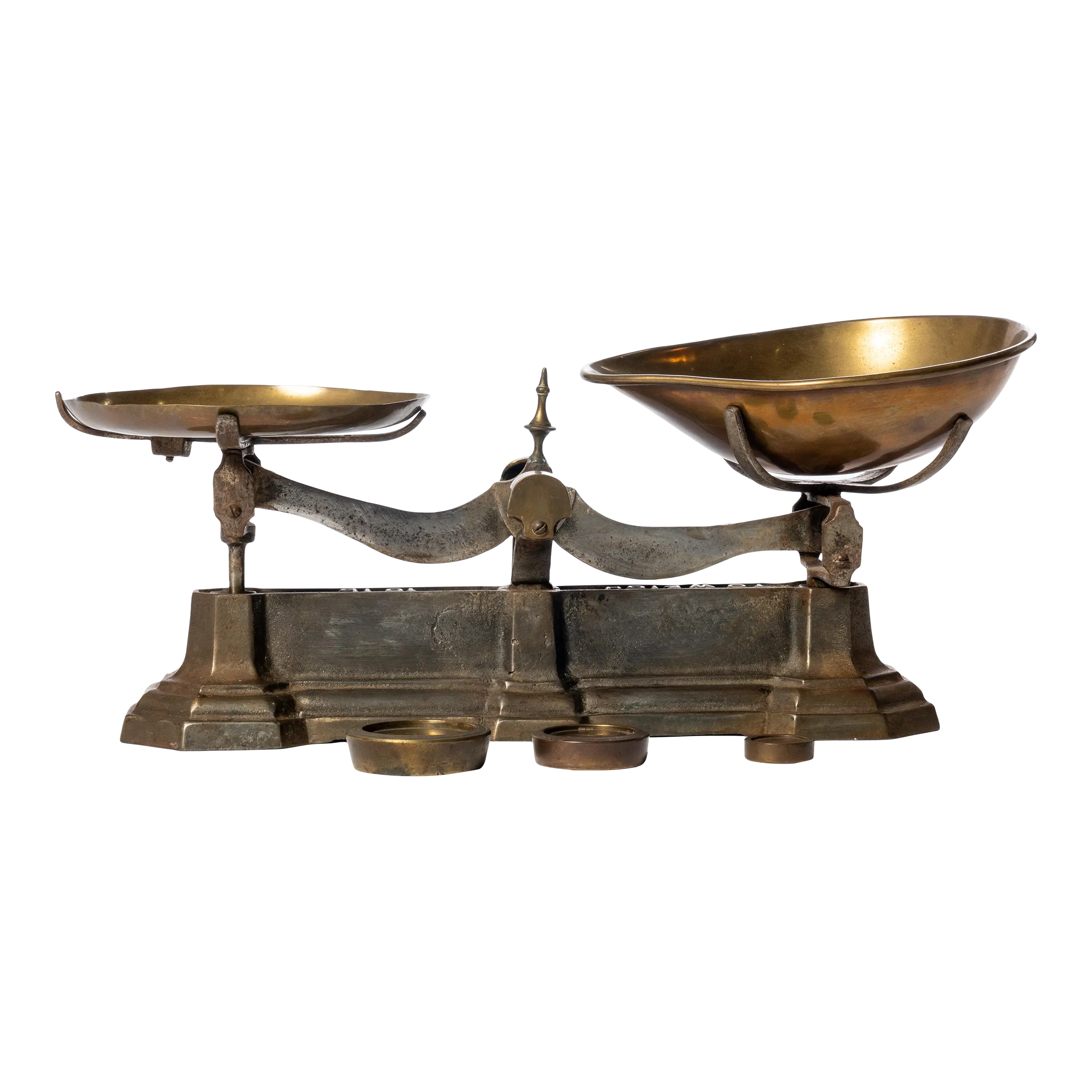 Antique Late 19th Century Cast Iron Scale With Brass Pans and Weights