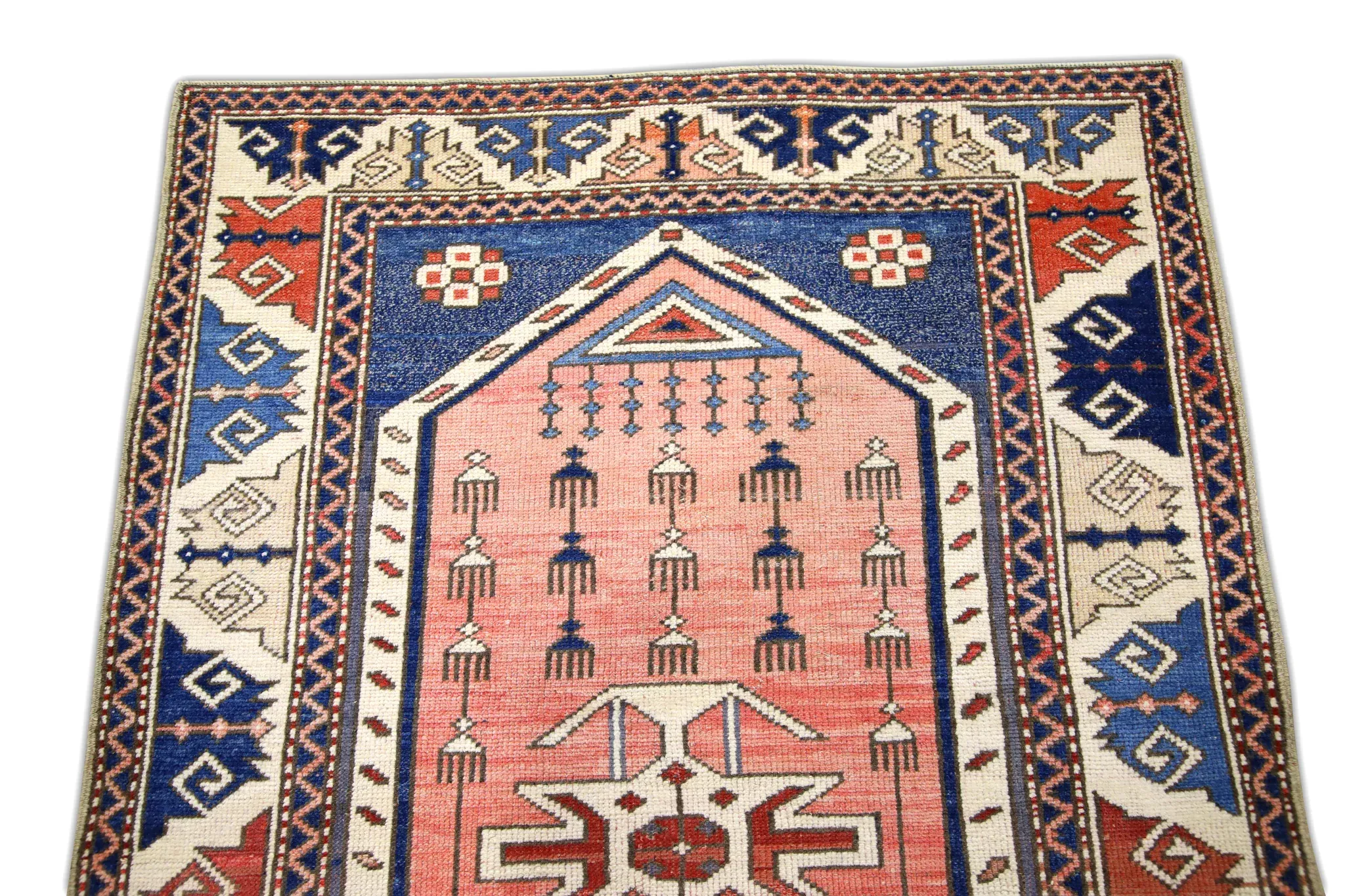 1960s Pink and Blue Vintage Handmade Turkish Rug 3'4