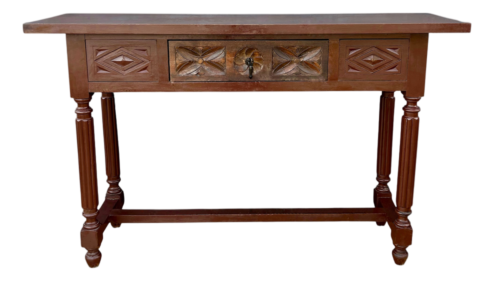 Spanish Renaissance Revival Carved Oak Console Table with Drawer, 1930s