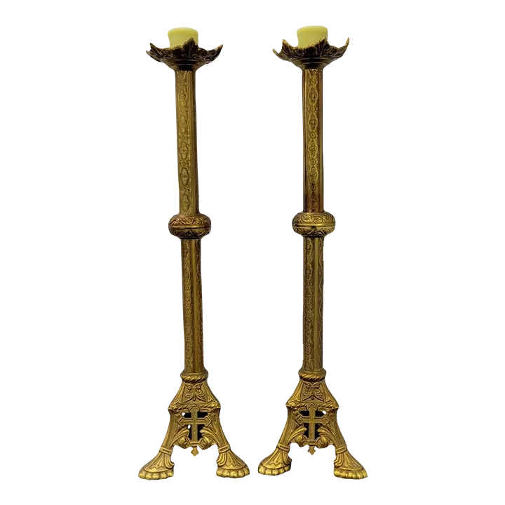 24'' Tall Vintage Brass Church Candle Stick Holders With Cross a Pair