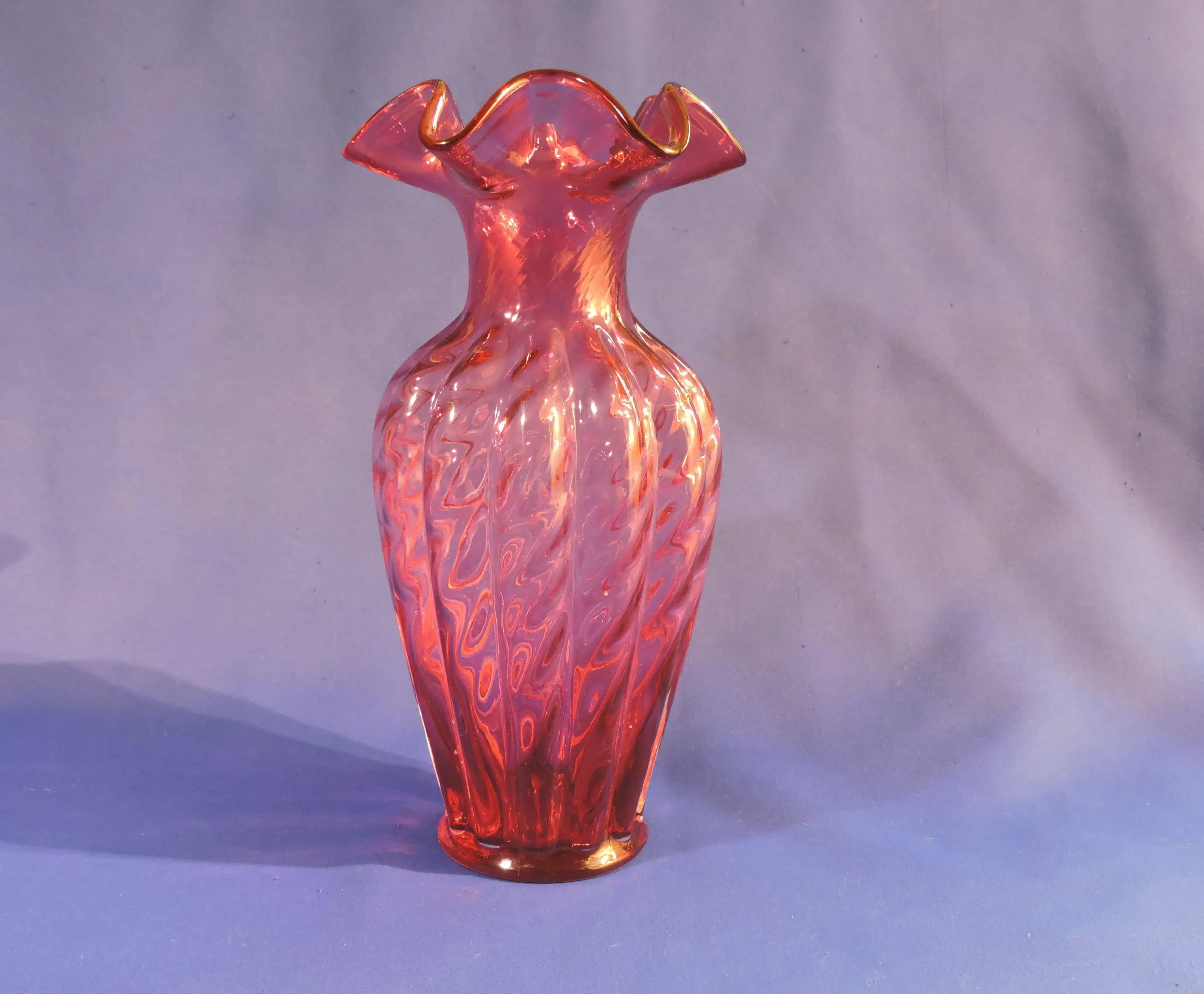 Vintage Fenton Art Glass Country Cranberry Swirl Vase With Ruffled