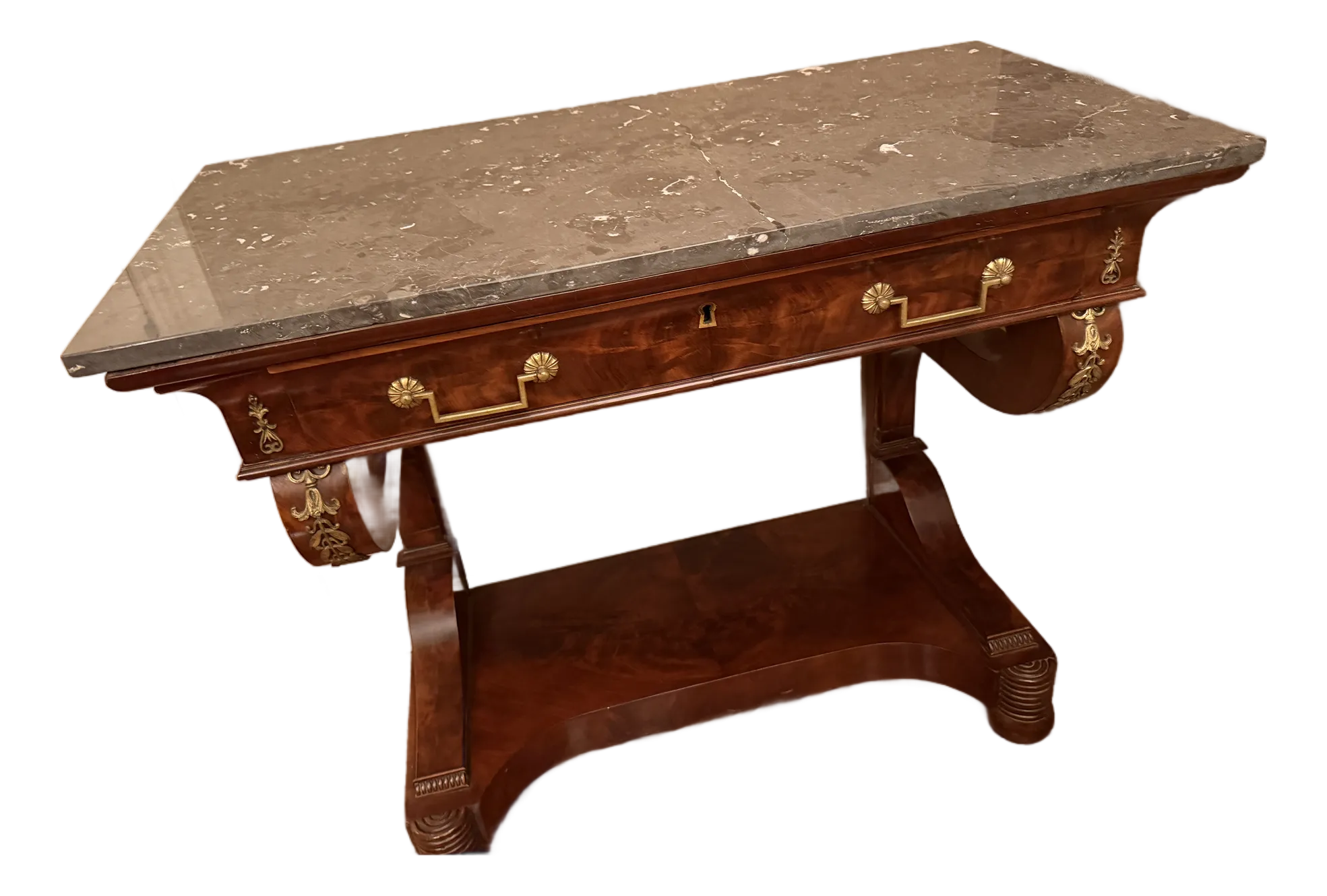 Console Large French Empire (C1800-1830) Grey Marble Top With Light Veining - Magohany Veneer Wood Gilt Bronze
