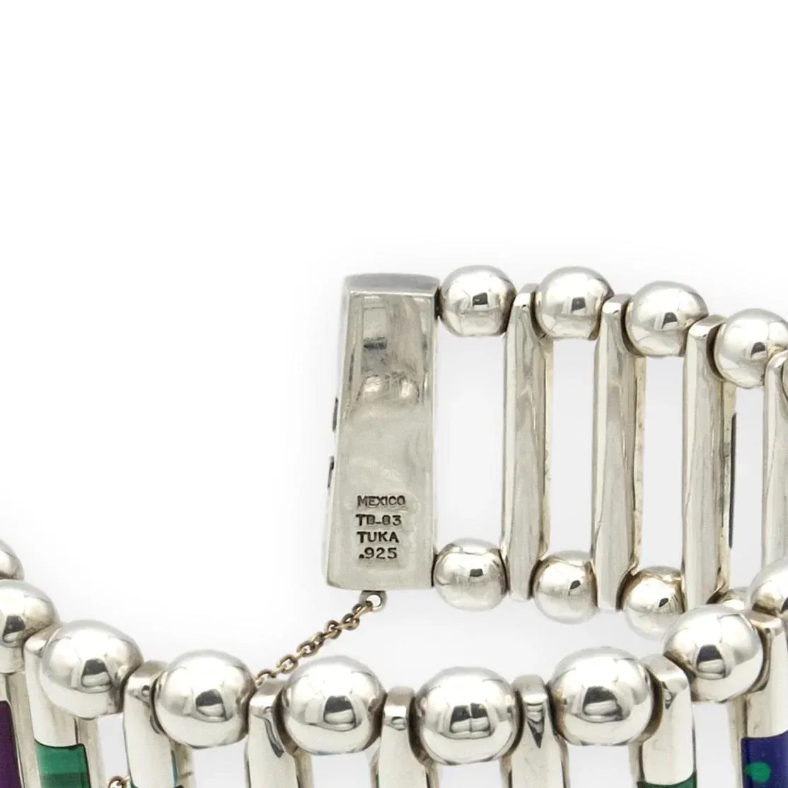 Vintage Tuka Mexican Modernist Silver Gemstone Inlay Bracelet, 1970s, 7.5\