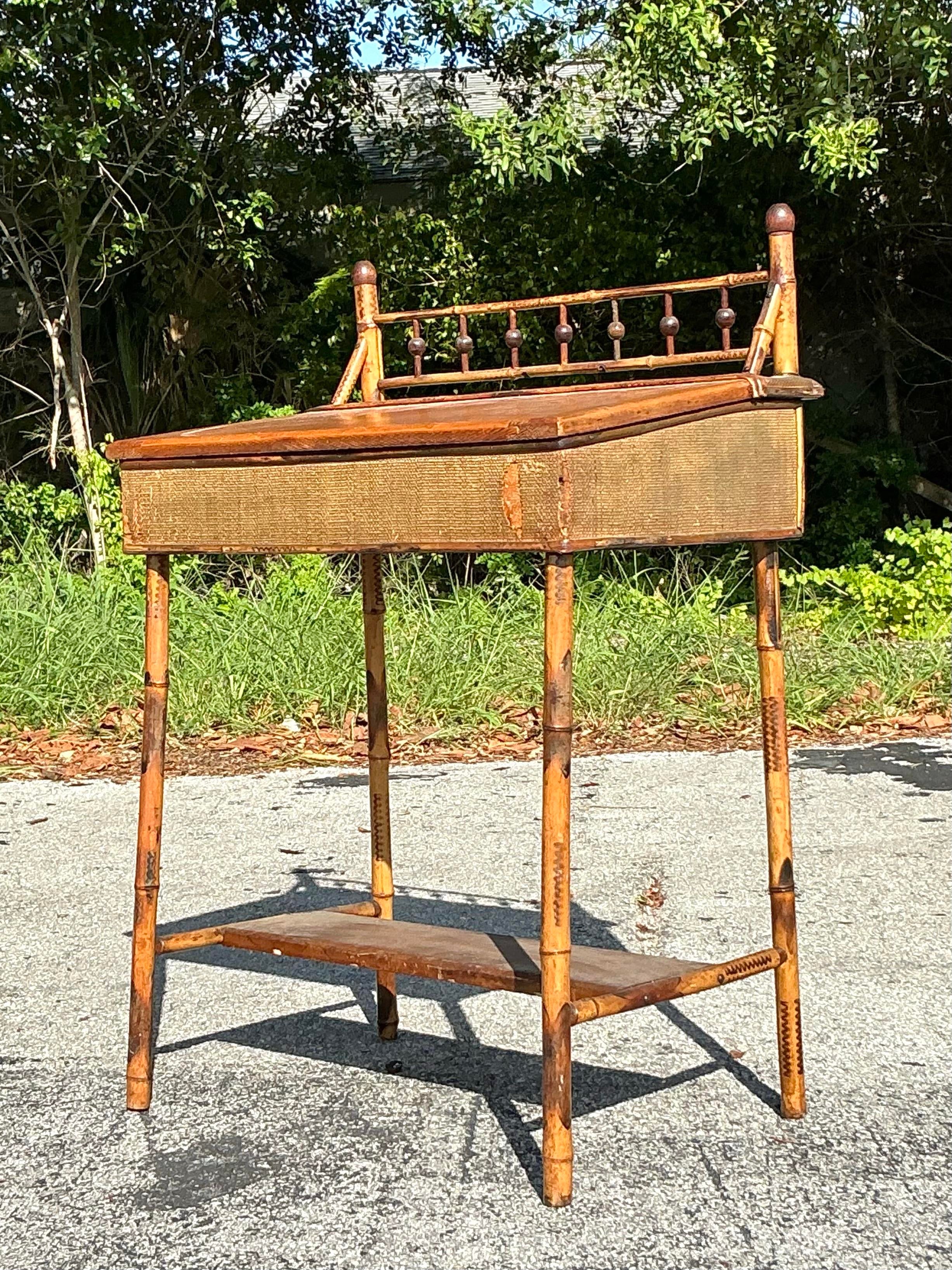 Vintage Boho Rattan Lift Top Desk | Chairish