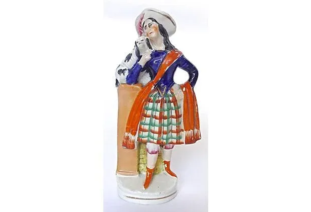 Antique English Staffordshire Woman & Dog Figurine