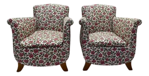 Art Deco Bergère Armchairs with Floral Upholstery, Set of 2