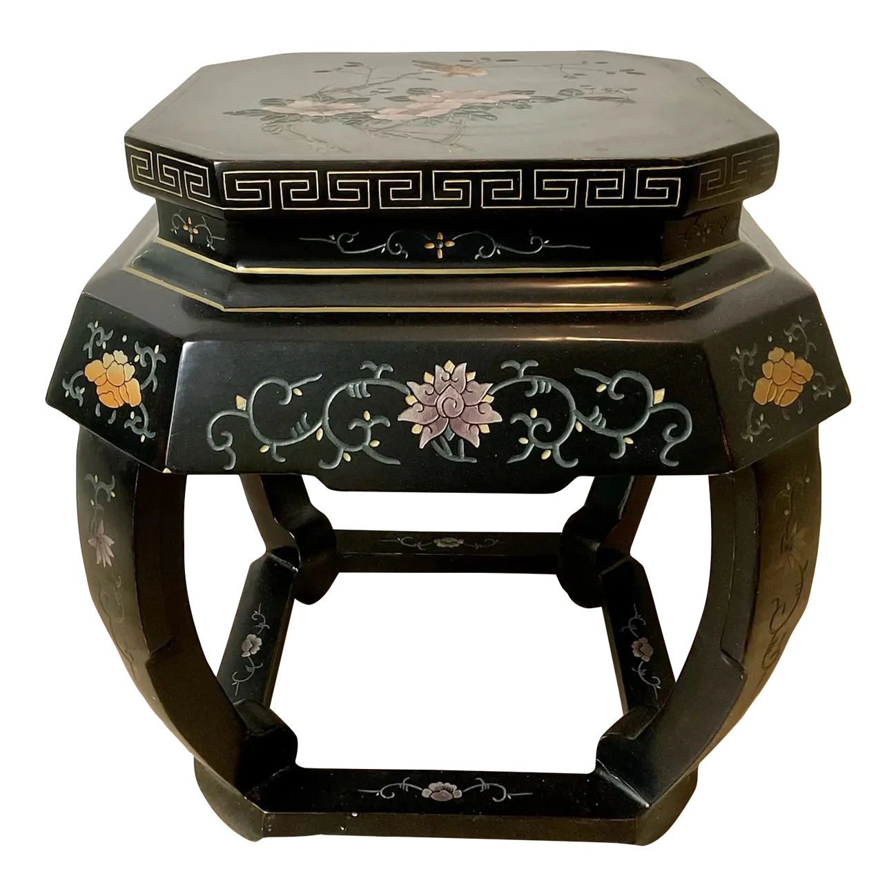 Early 20th Century Chinese Black Lacquered Qing Dynasty Style Stool