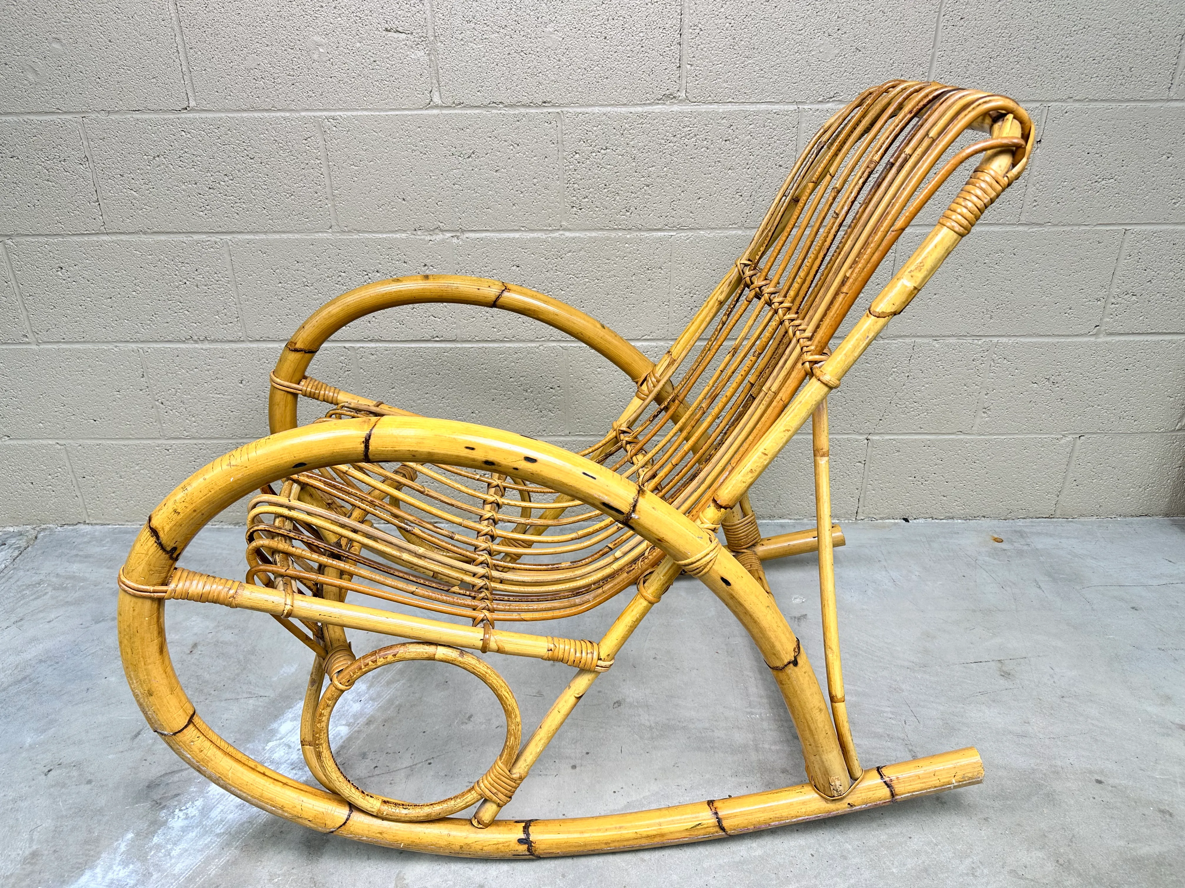 1960s Mid Century Italian Franco Albini Style Bamboo Rocking Chair