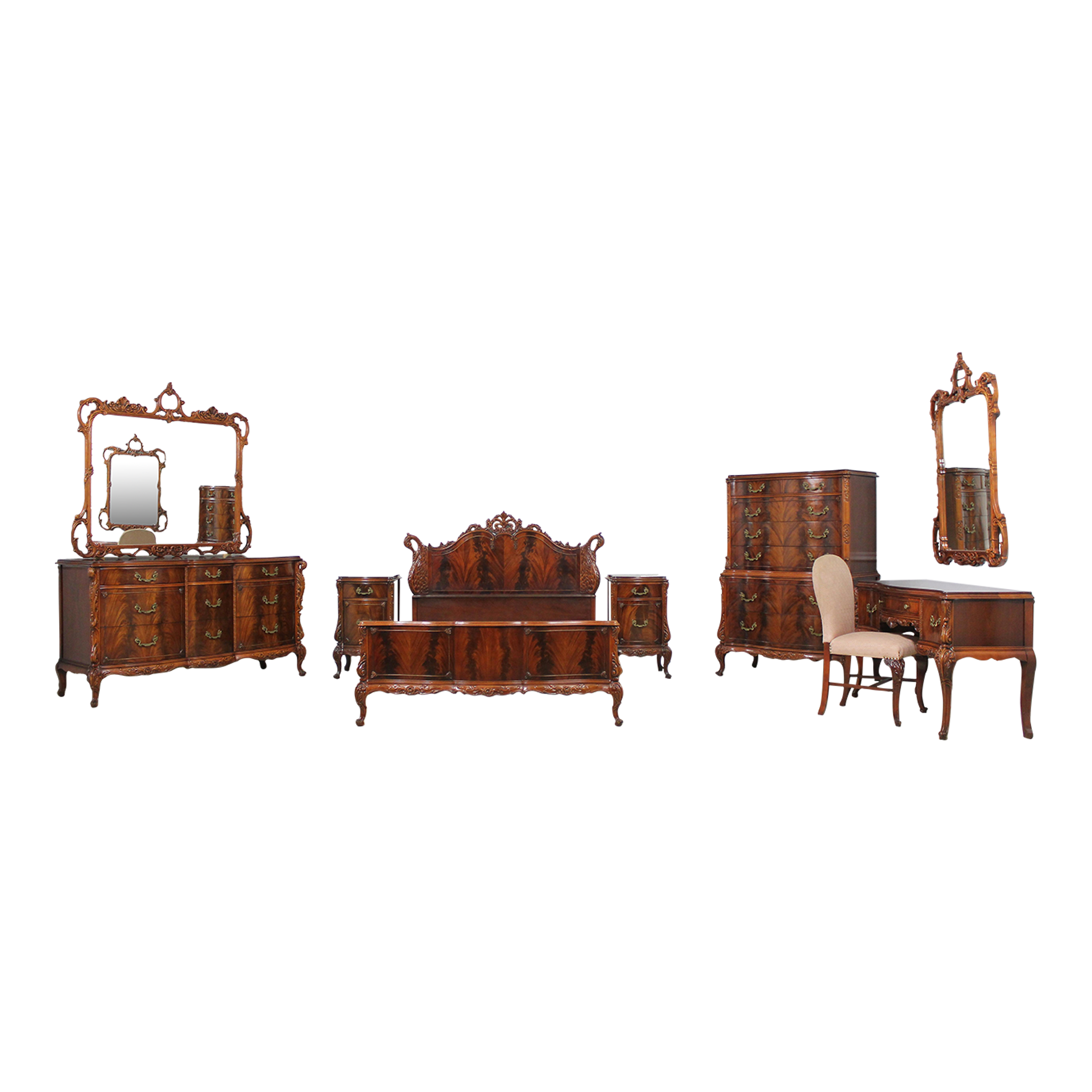 1940s Vintage Mahogany Swan Carved Bedroom Set 9 Pieces Chairish