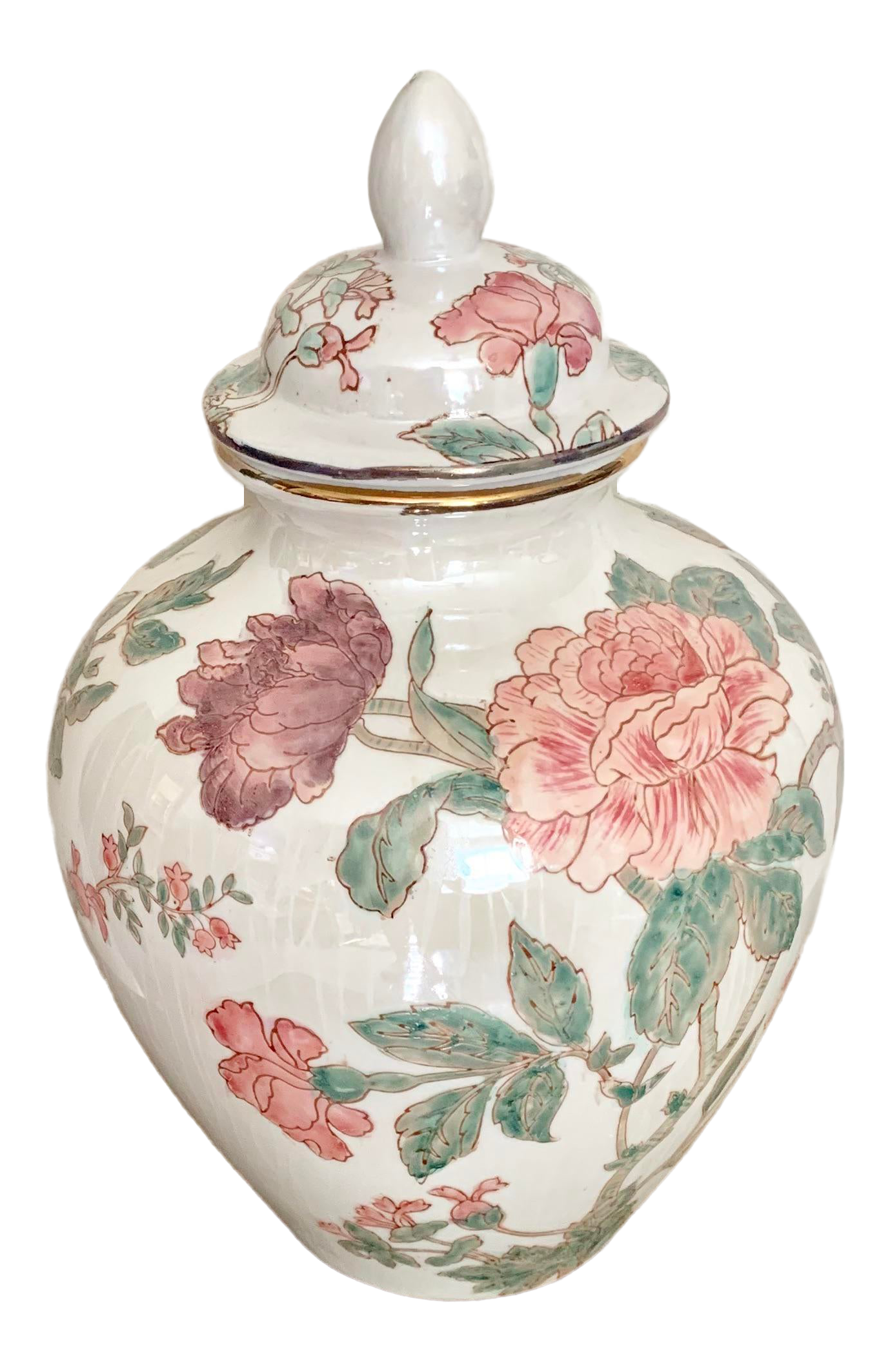 Cream Chinoiserie Ceramic Ginger Jar With Pink And Purple Flowers Chairish