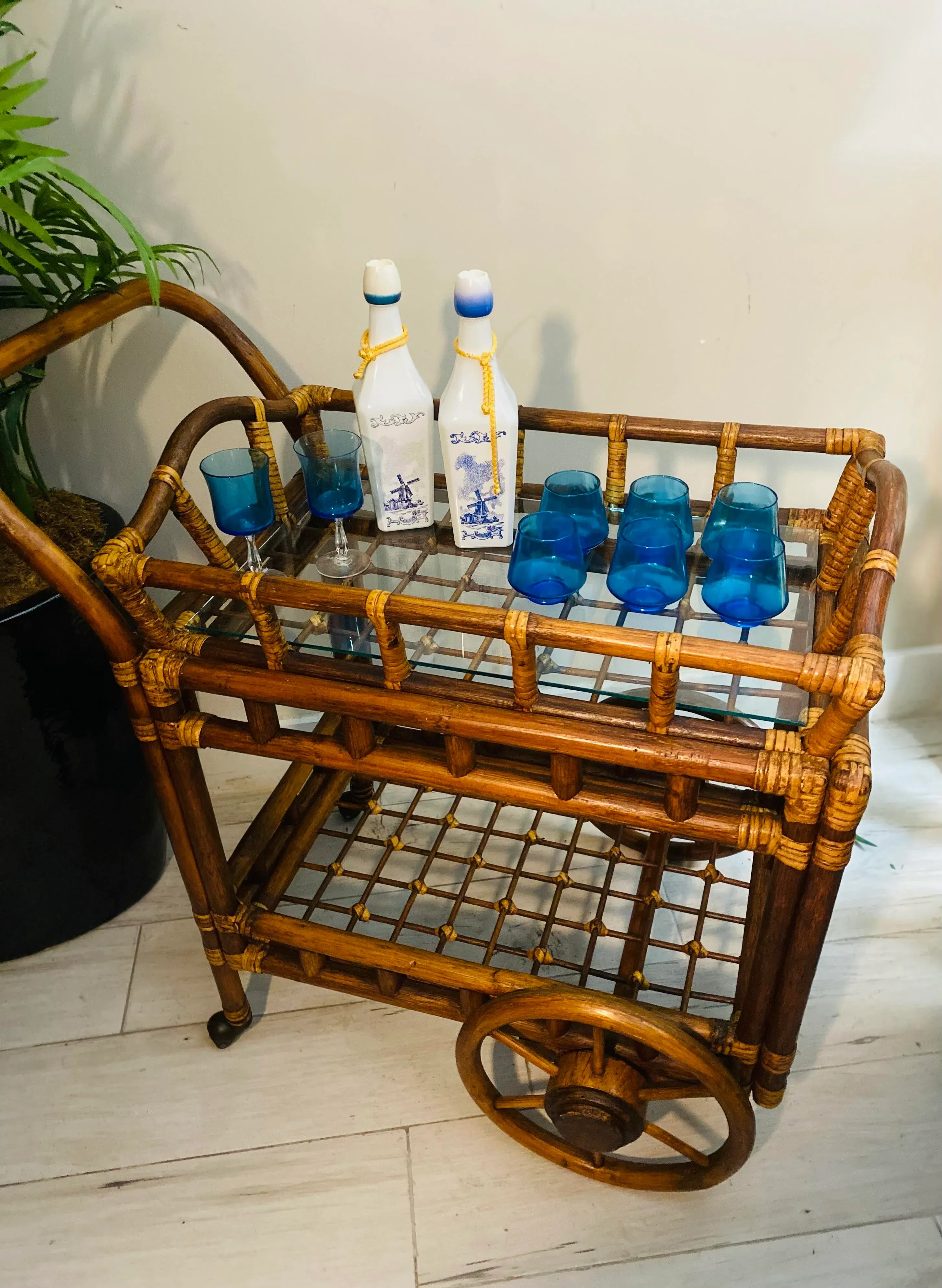 1950s Vintage Coastal Tray Bamboo Bar Cart | Chairish