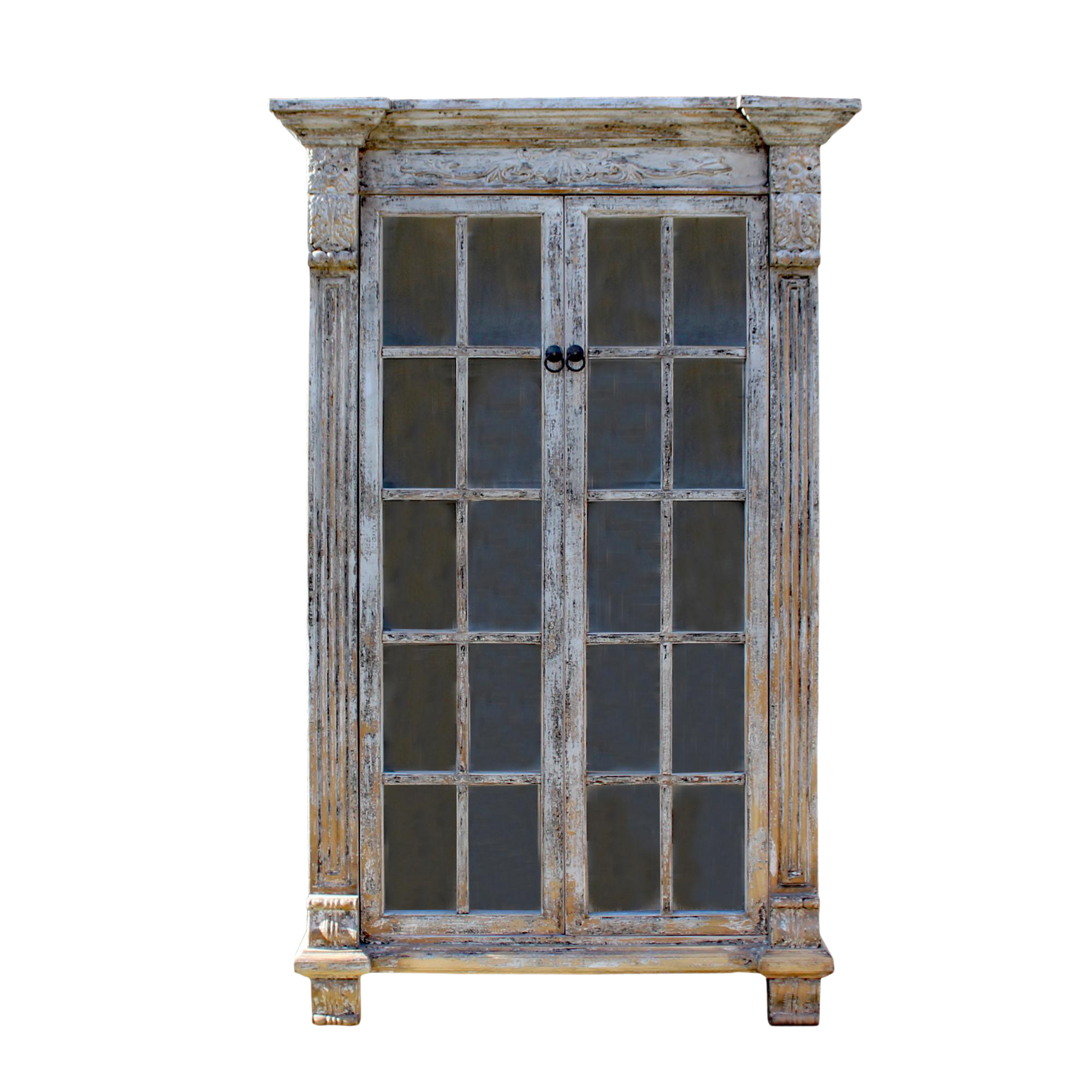 Distressed Pastel Black Gray Tall Glass Door Display Bookcase