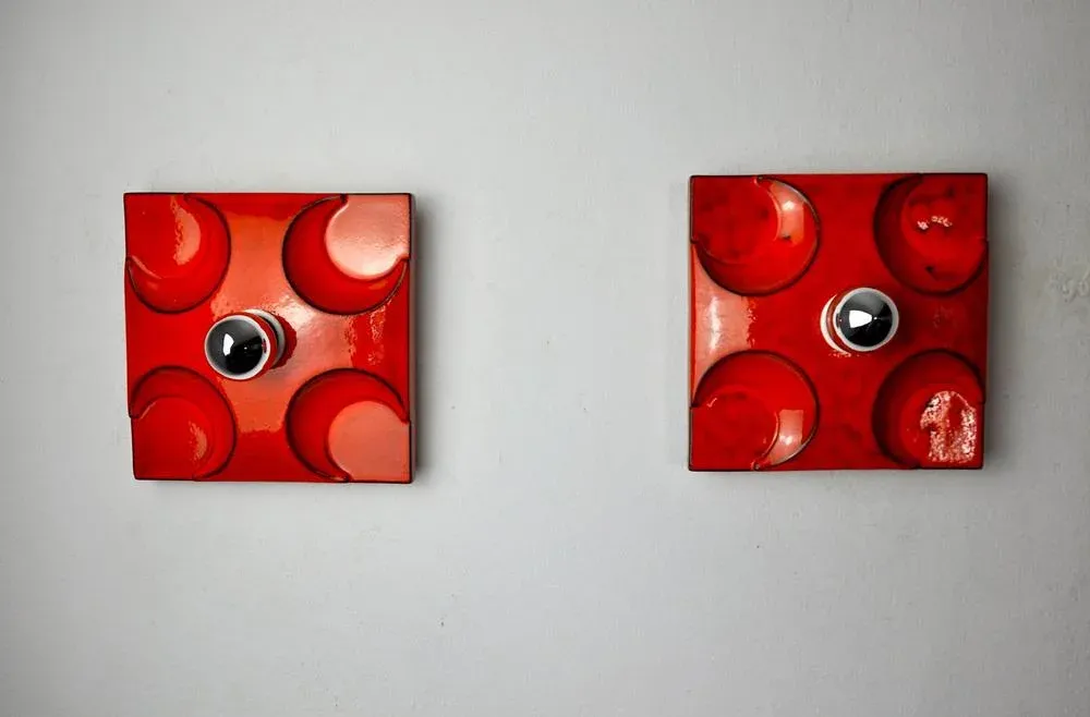 Fat Lava Red Ceramic Sconces attributed to Hustadt Leuchten, Germany, 1960s, Set of 2