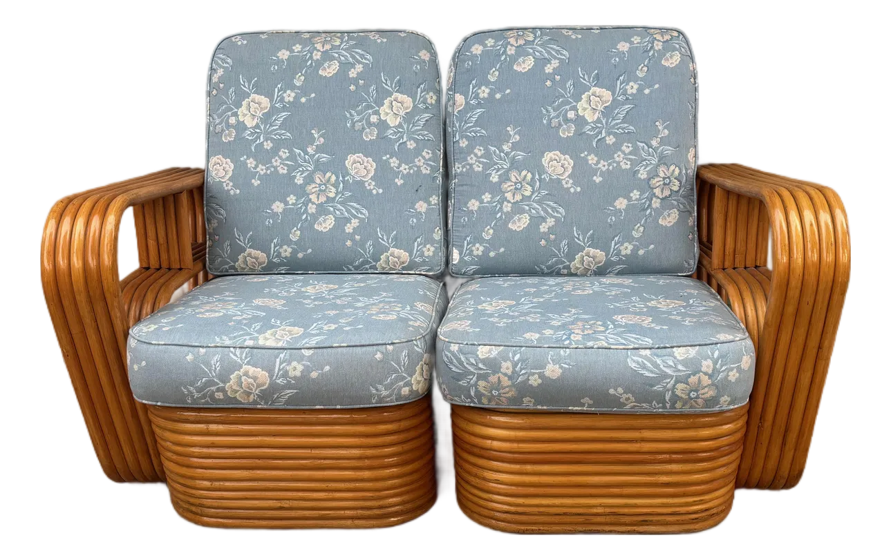 Paul Frankl Style Rattan Bamboo Pretzel One-Arm Club Lounge Chairs Loveseat Sofa