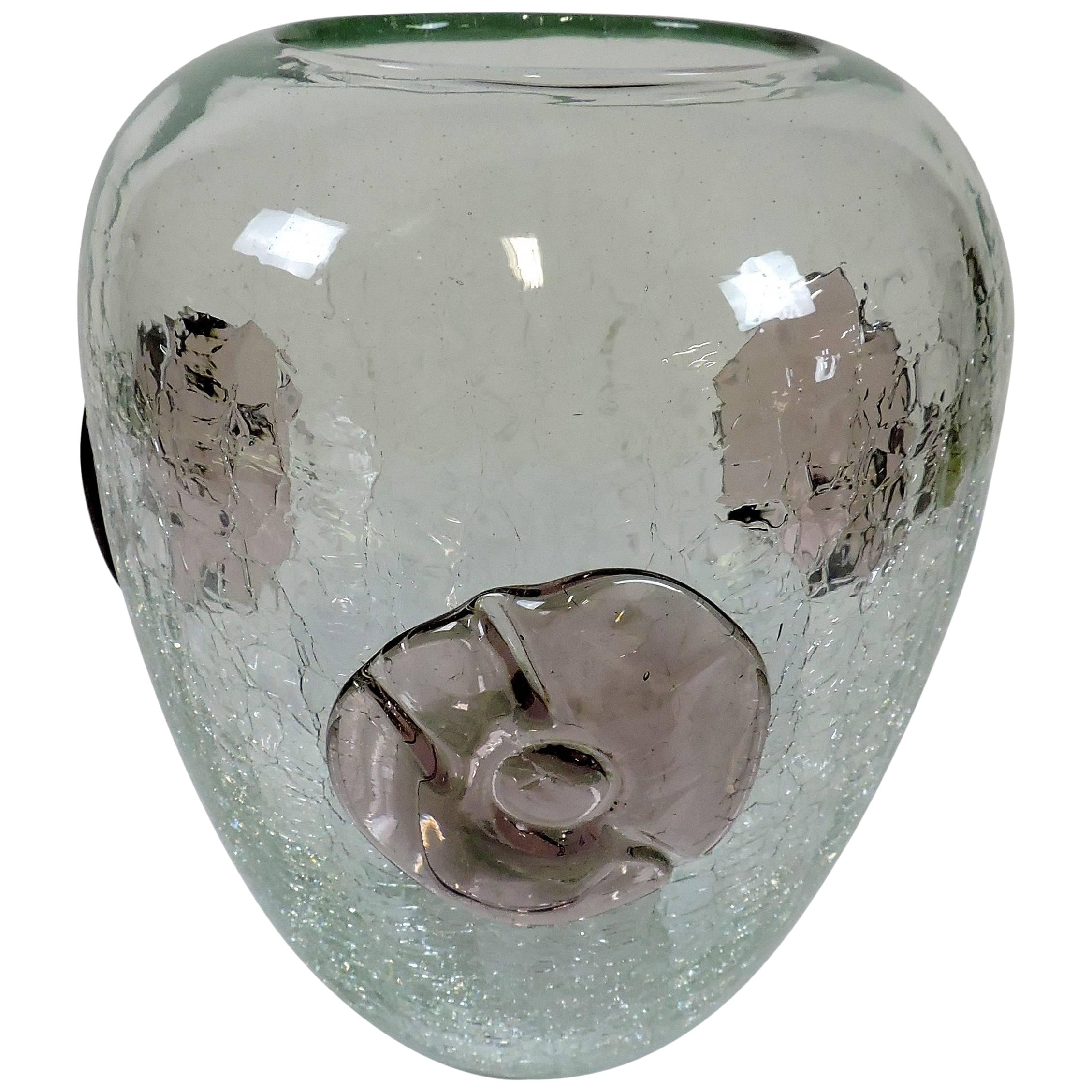 Large Blenko Crackle Glass Vase With Applied Flowers Chairish