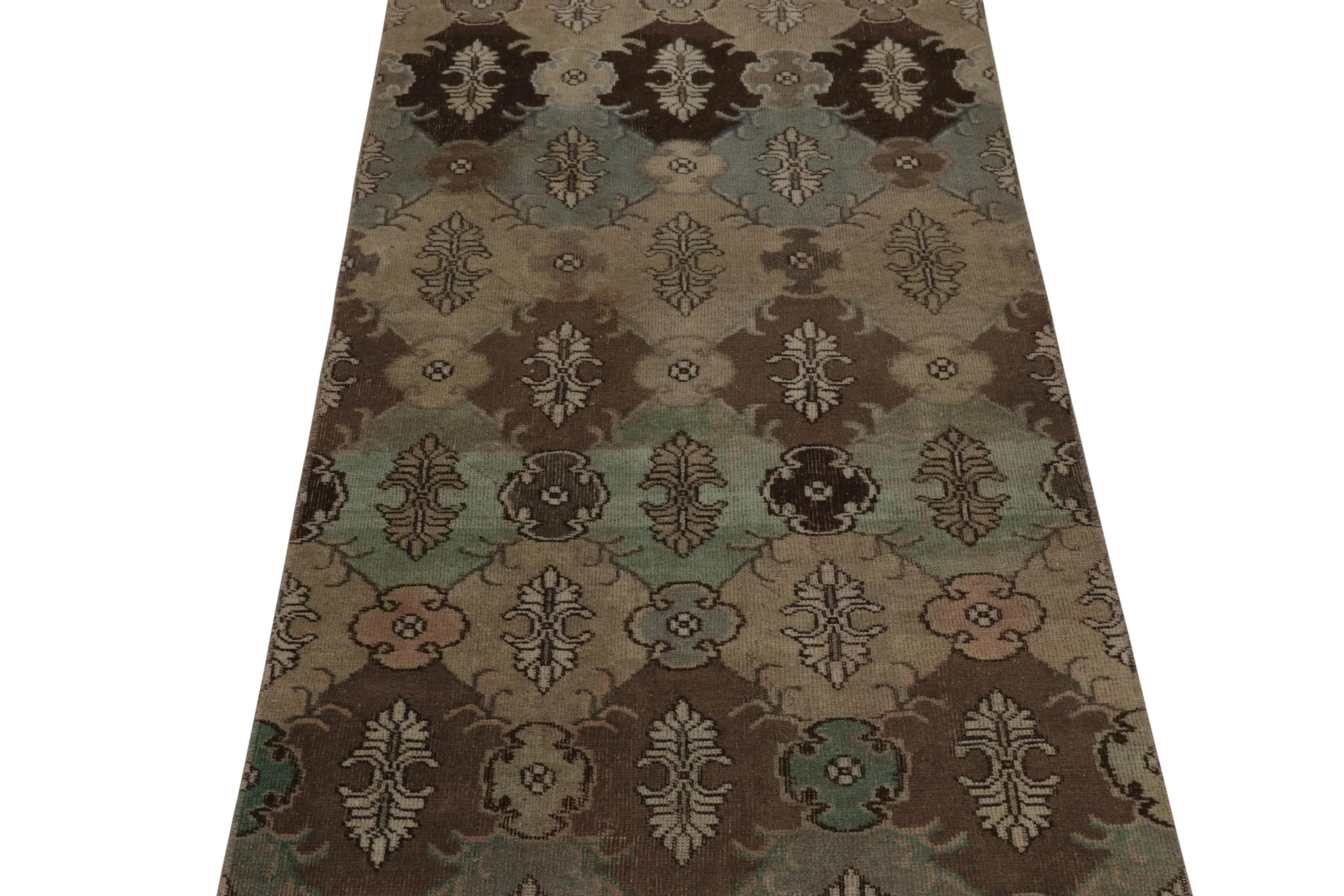 Vintage Distressed Runner Rug, Earthy Tones Geometric Floral Motifs – Rug & Kilim