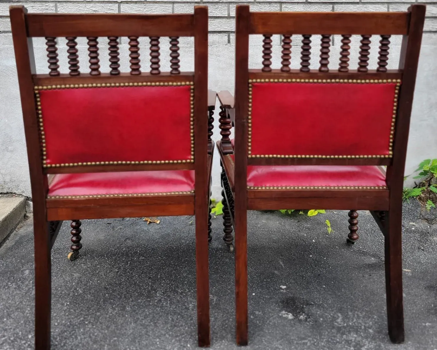 Antique Victorian Walnut Armchairs Pair, 19th Century, Red Leather Upholstery