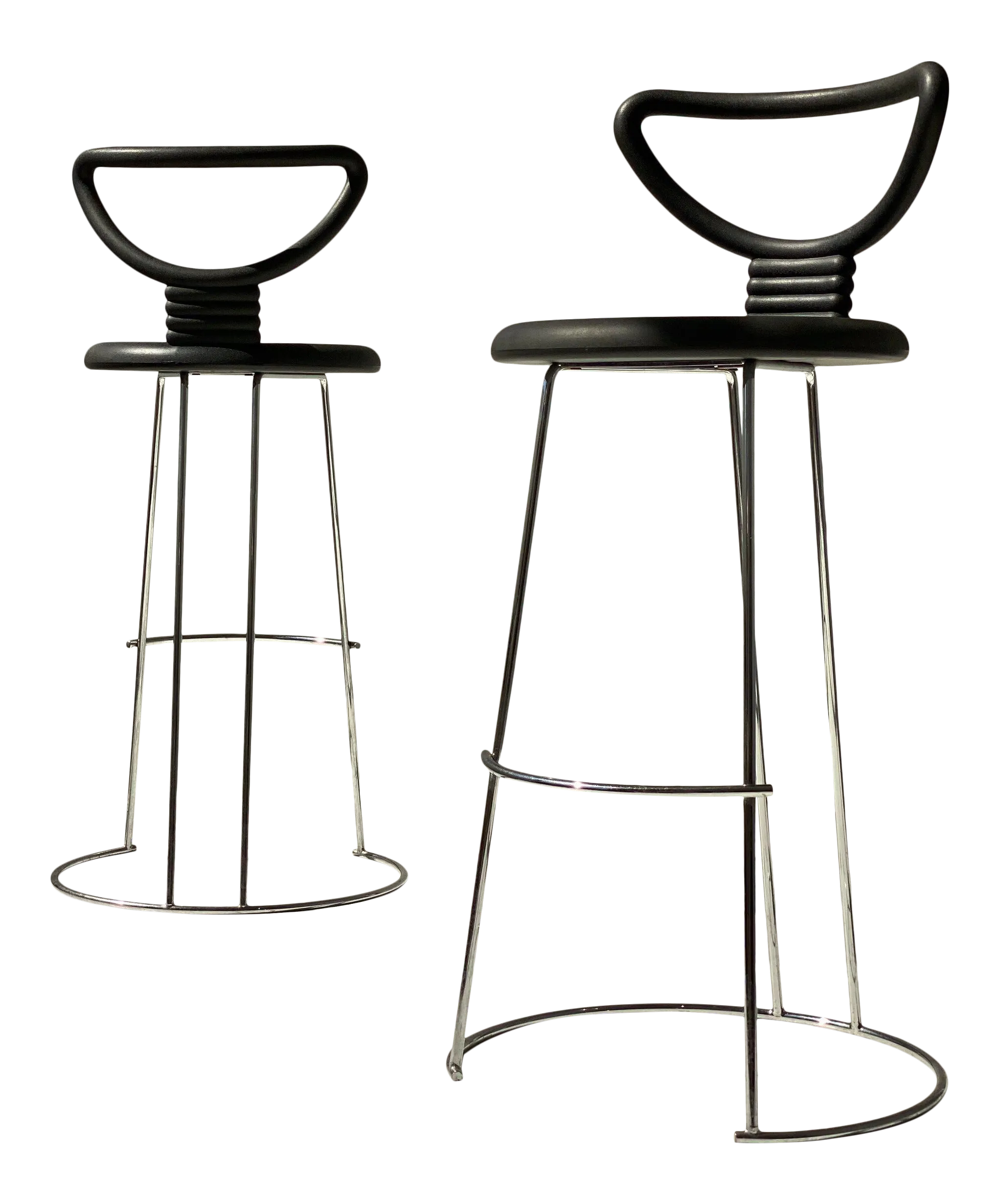 Vintage Nobu Tanigawa by Fasem Chrome + Black Rubberized “Nardis” Barstools, a Pair, Circa 1990s