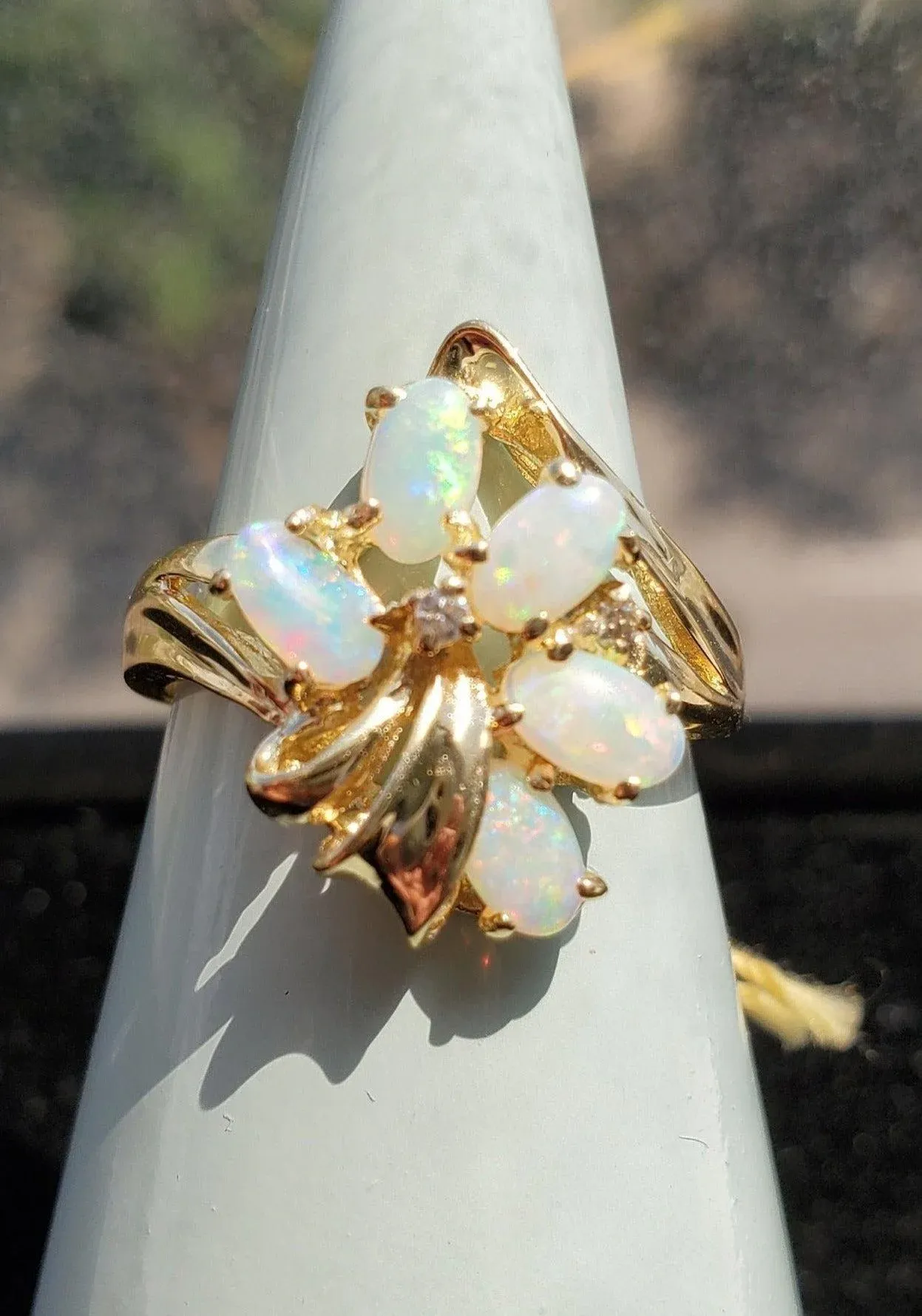 Oval Opal Cluster Diamond Ring 14k Yellow Gold, Size 8
