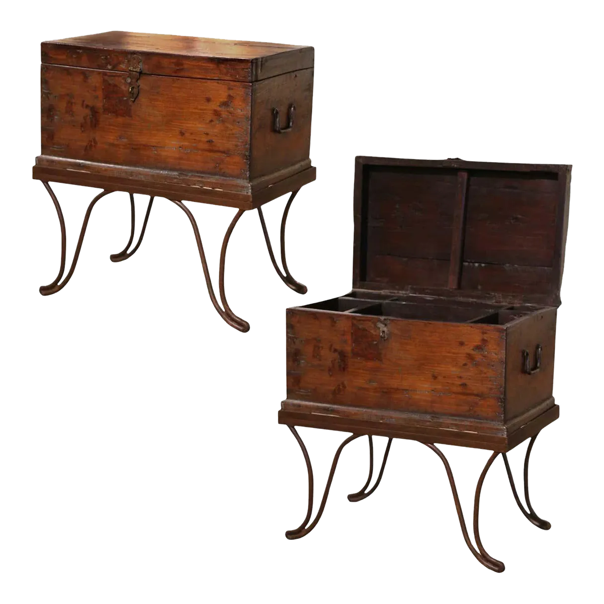 Mid19th Century French Carved Oak Chest Trunk Side Table on Wrought