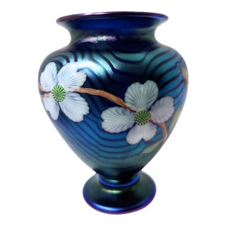 Artisan Signed Orient & Flume Iridescent Floral Blue Art Glass