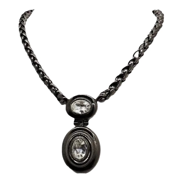Vintage 1980s Signed Givenchy Hematite Finish Clear Rhinestone 