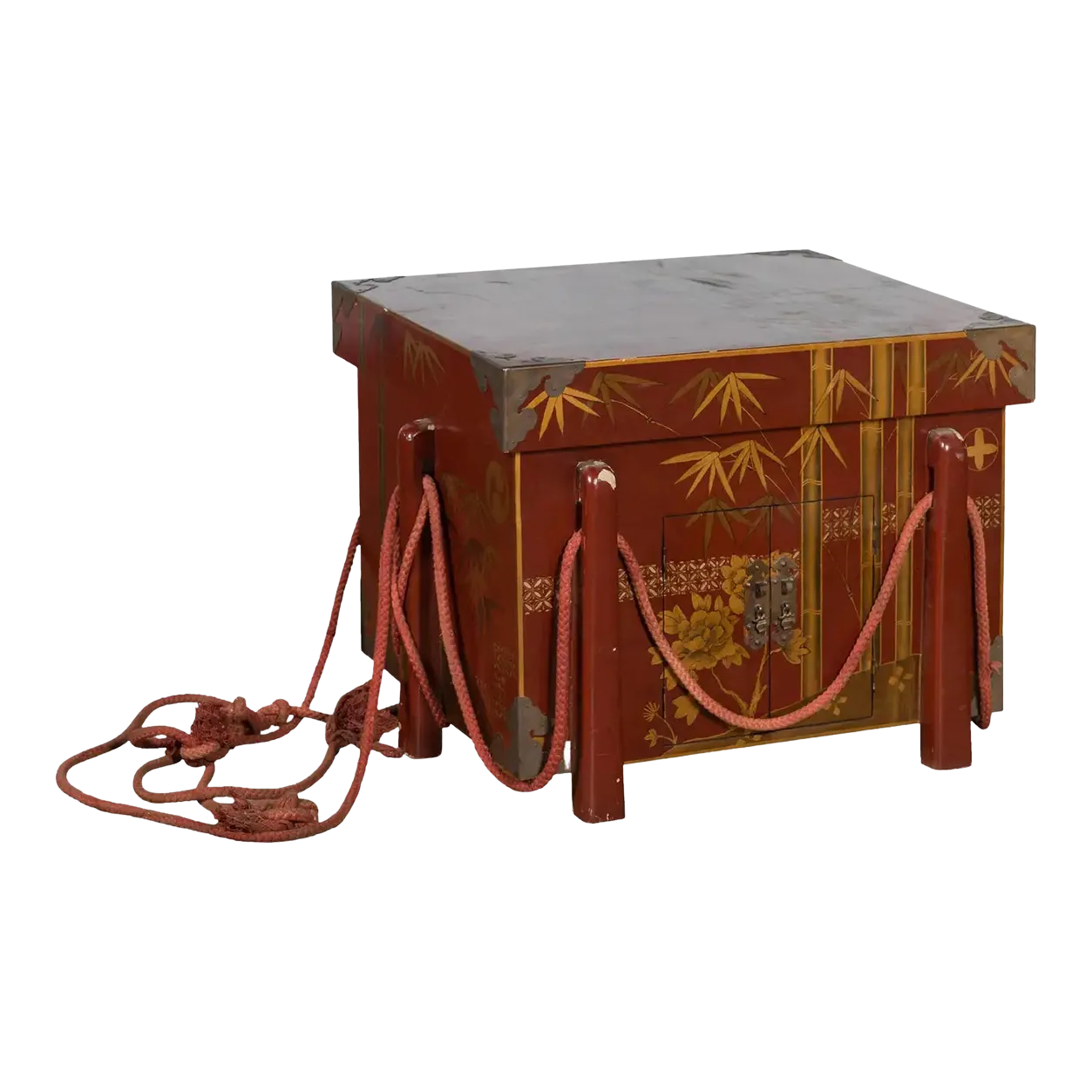 Japanese Vintage Wedding Chest with Red Lacquer and Hand-Painted Décor 