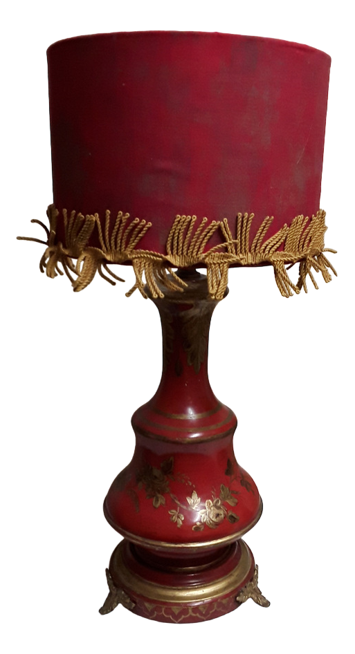 Vintage Red-Painted Metal Table Lamp with Gold-Colored Decoration and Red Fabric Shade, 1960s