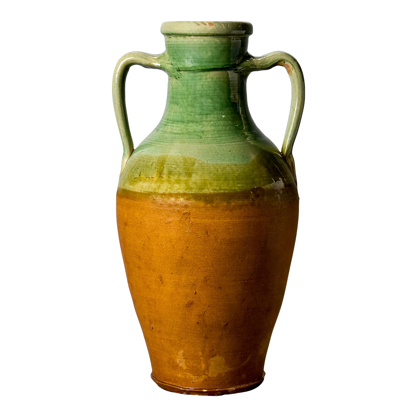Early 20th Century Tall French Green Handled Ceramic Vessel