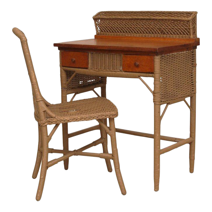 Set of Antique Heywood-Wakefield Wicker Desk & Chair | Chairish