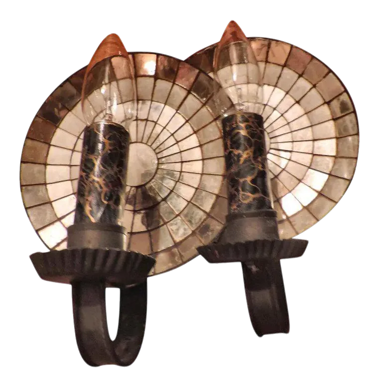 Vintage Colonial Revival Round Mirrored Tole Tin Sconces A Pair