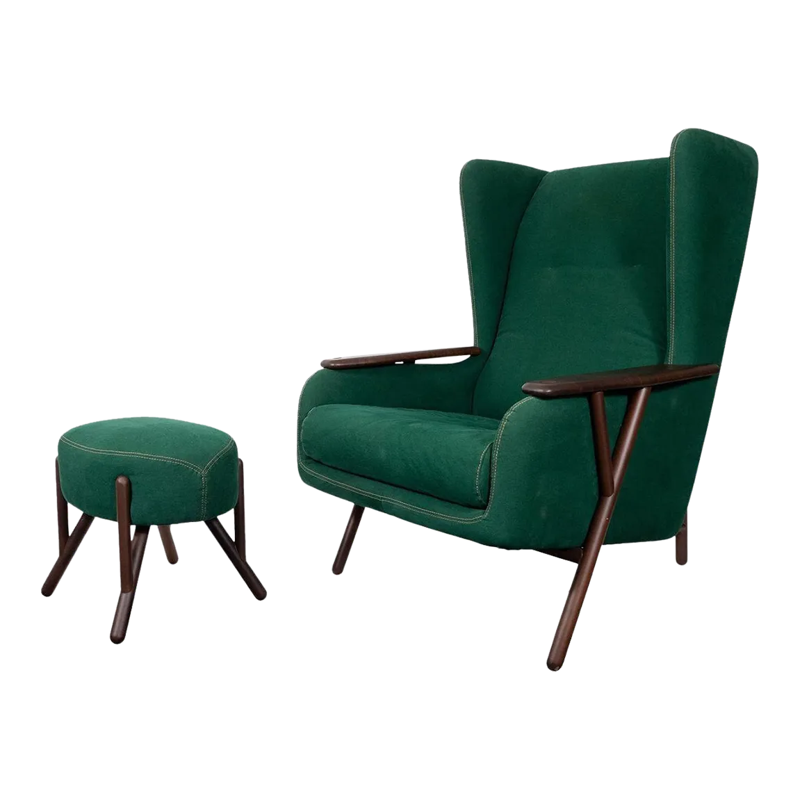 Green Upholstered Wingback Chair with Ottoman by Paolo Alvez