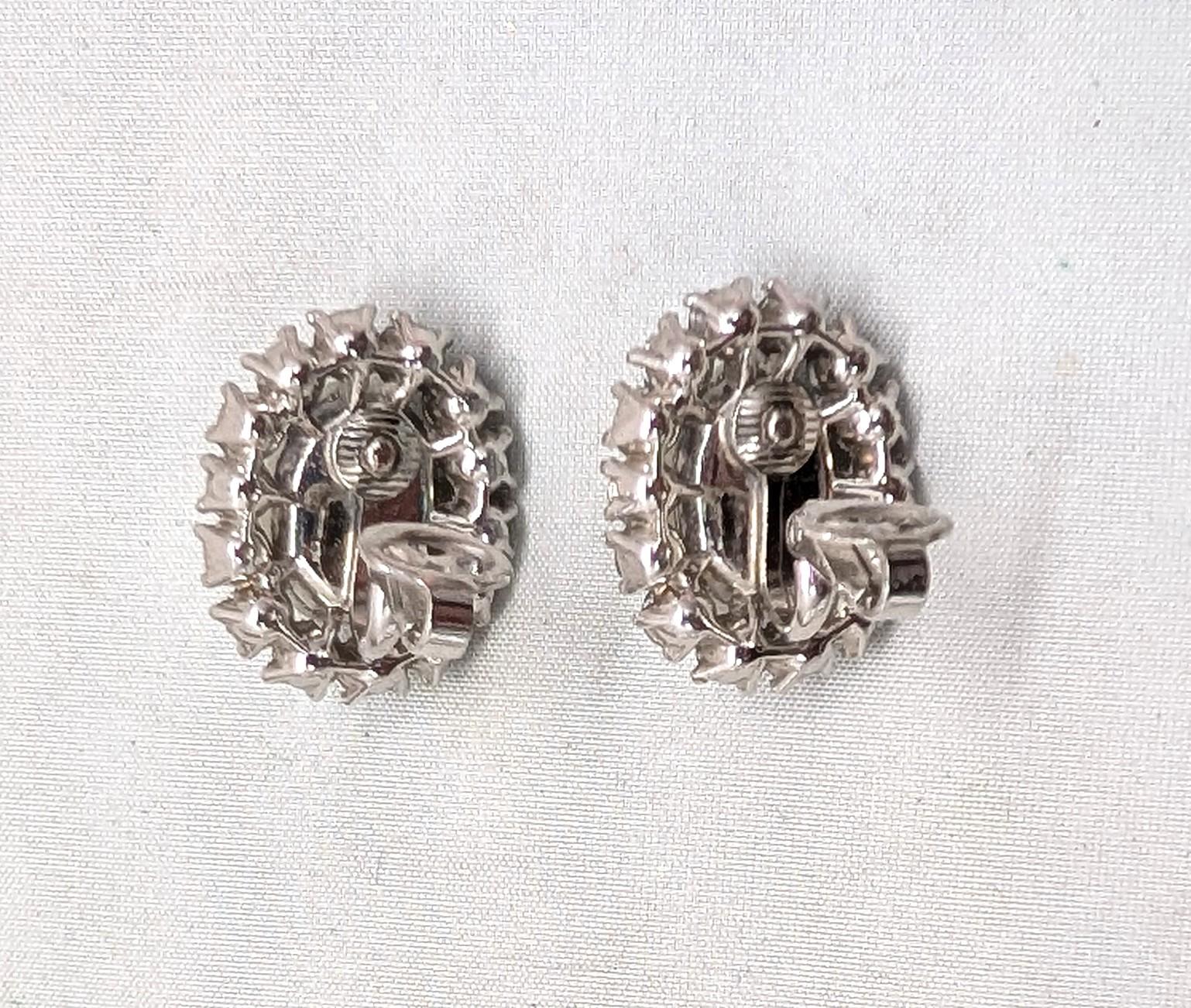 Vintage 1950s Signed Crown Trifari Oval Faux-Pearl and Aurora Borealis Clip Earrings-2 Pieces