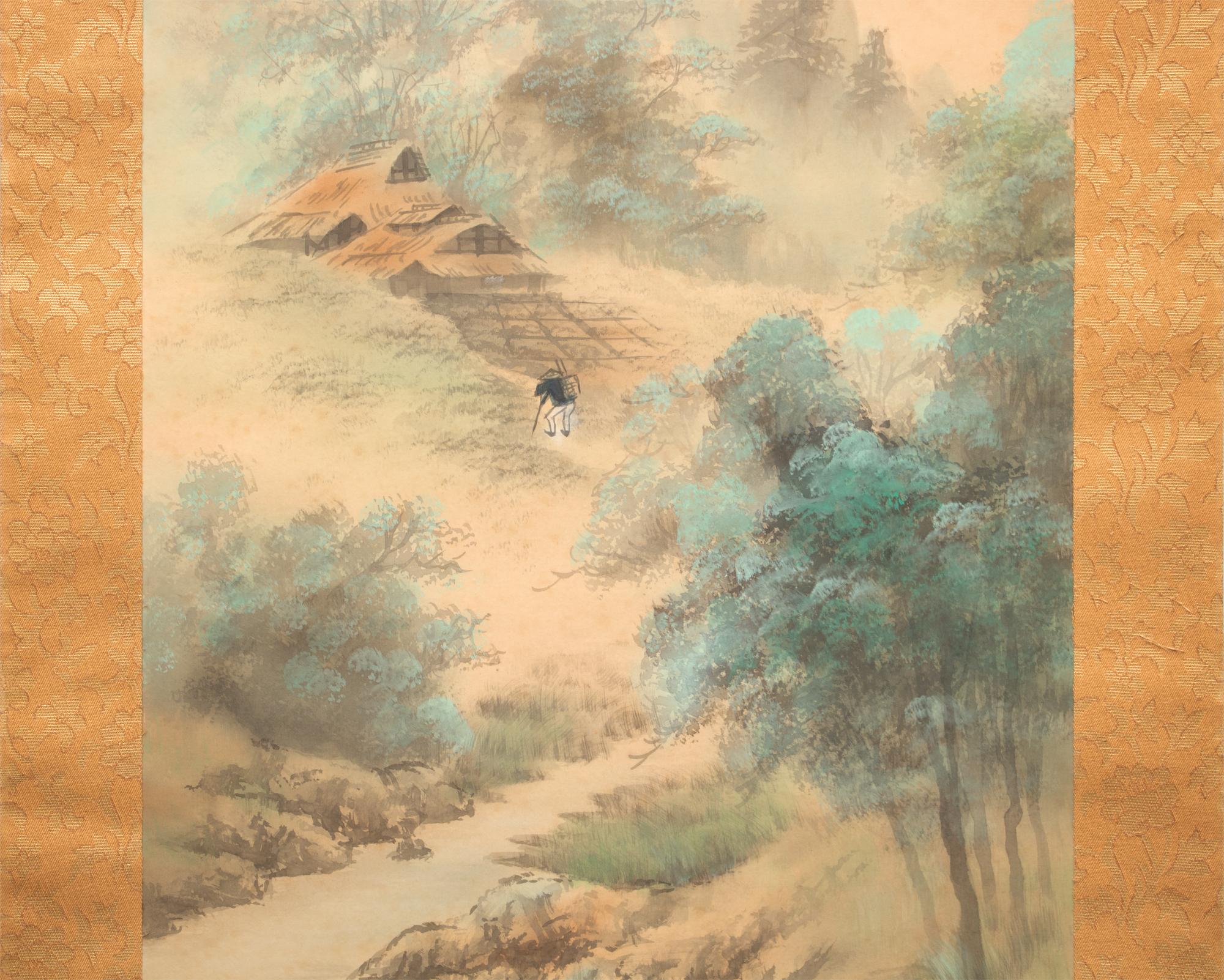 絵画 Brown Mountain Japanese Antique Scroll Painting of a Mountain Pavilion by