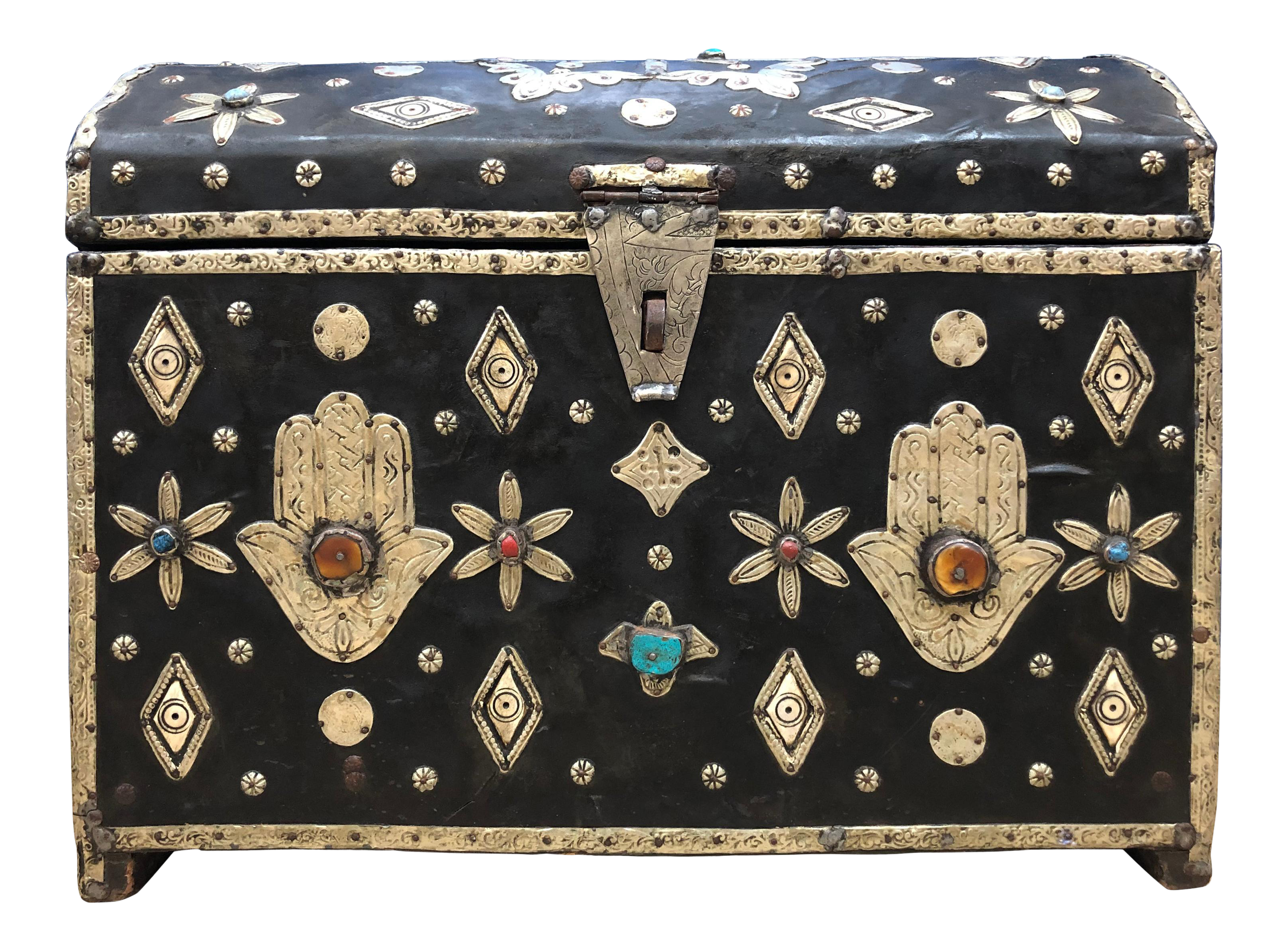 Early 1900s Moroccan Chest Leather Bone Silver Gems Hamsa