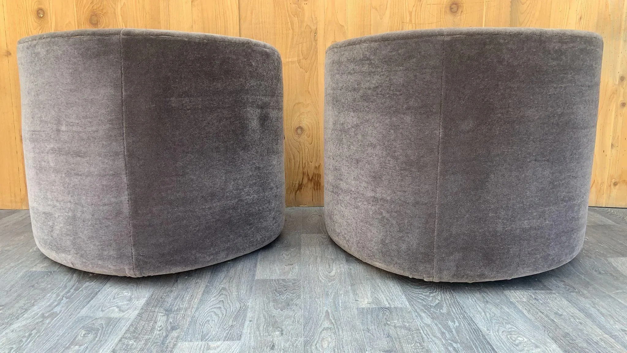 Mid Century Modern Faudet-Harrison Swivel Tub Lounge Chair Newly Reupholstered in Grey Mohair - Pair