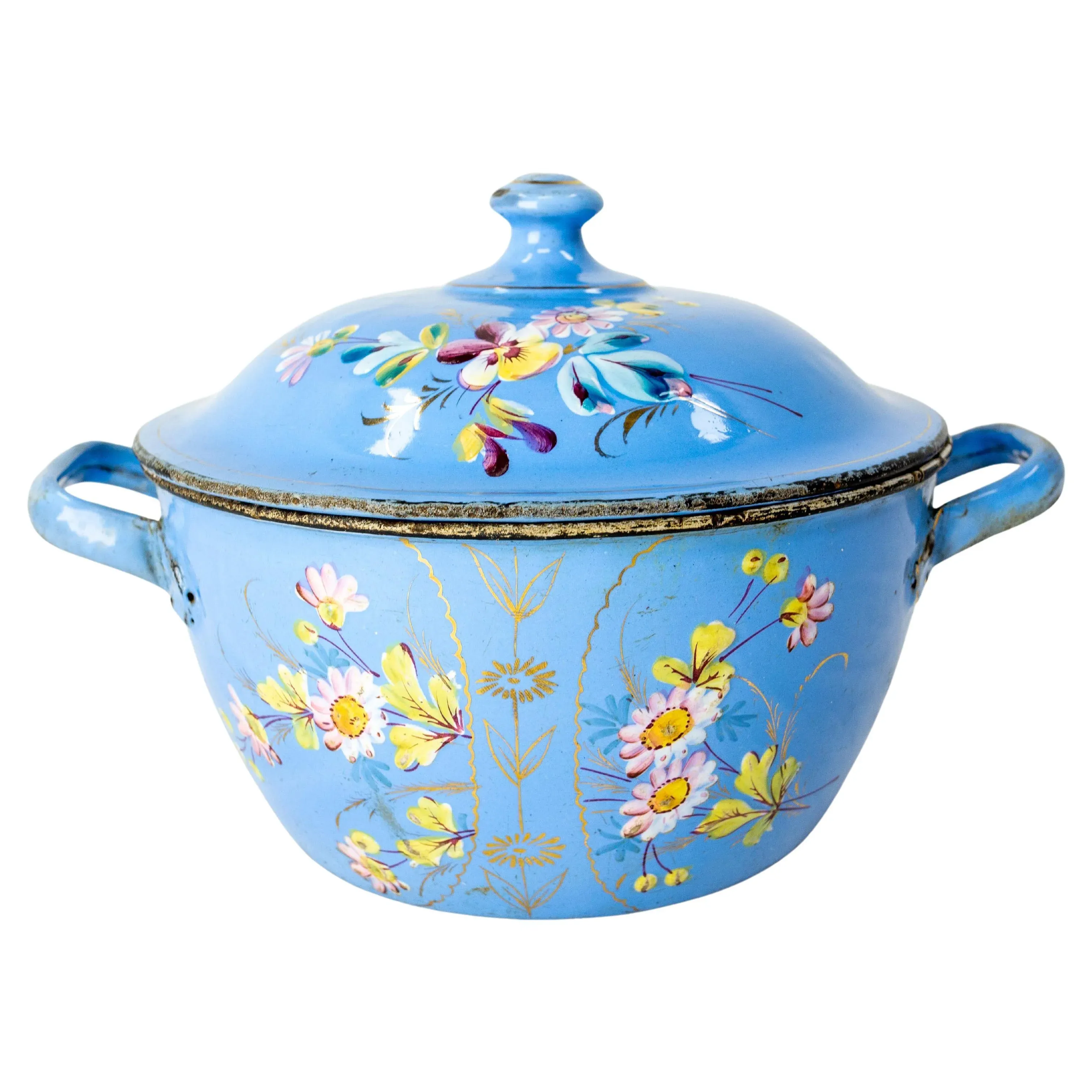 French Country Blue Soup Tureen With Floral Decoration in Enameled Iron, 1900s
