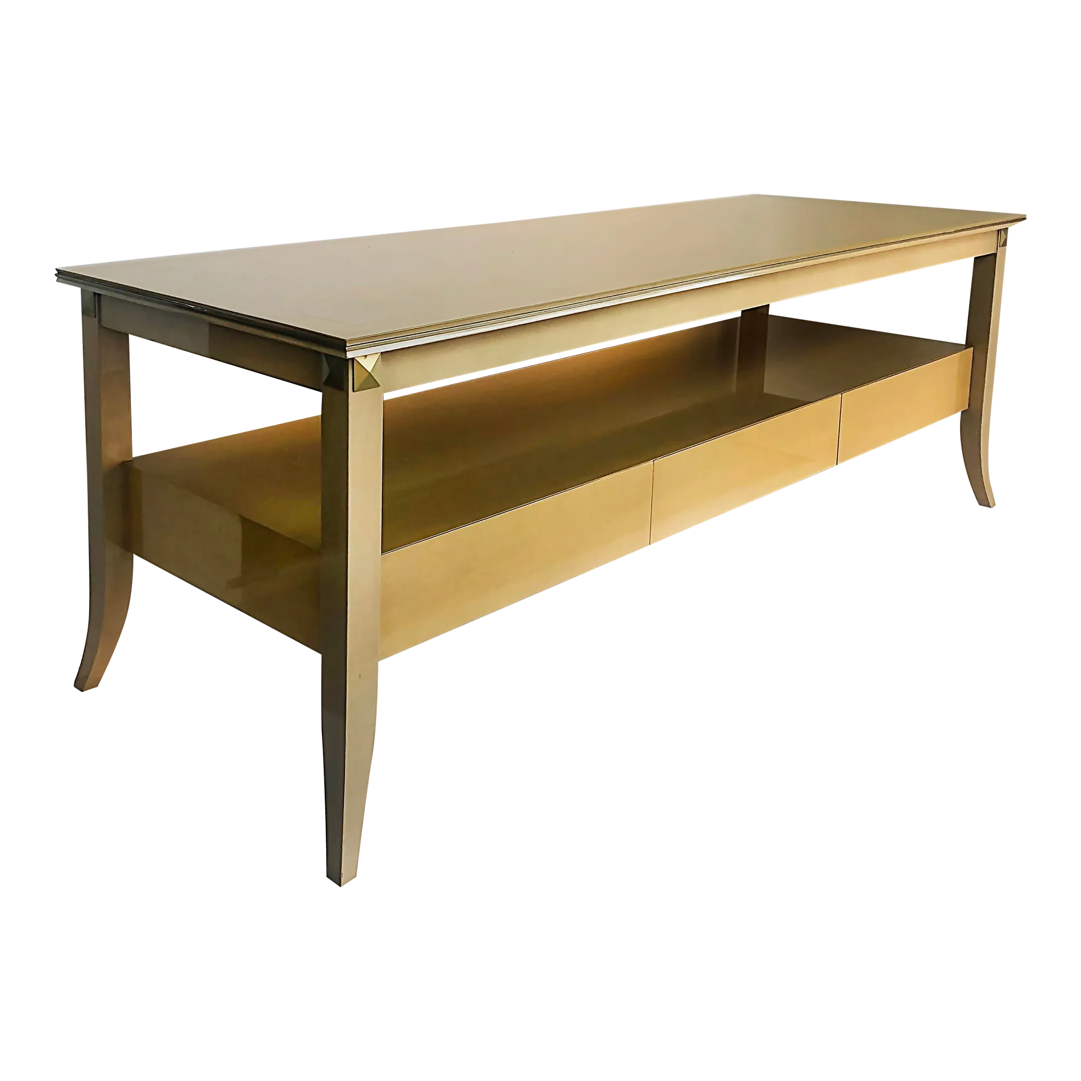Andre Arbus Style Lacquered Birch Wood Console Table With Brass Inlay