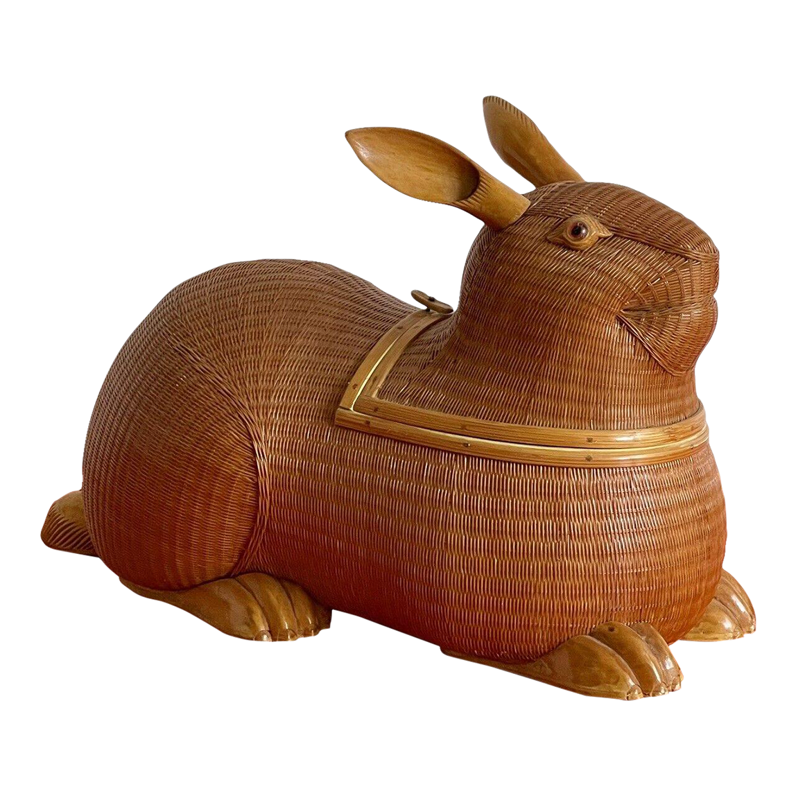 Vintage 1960s Wicker Lacquer Figural Rabbit Bunny Basket Box, Shanghai